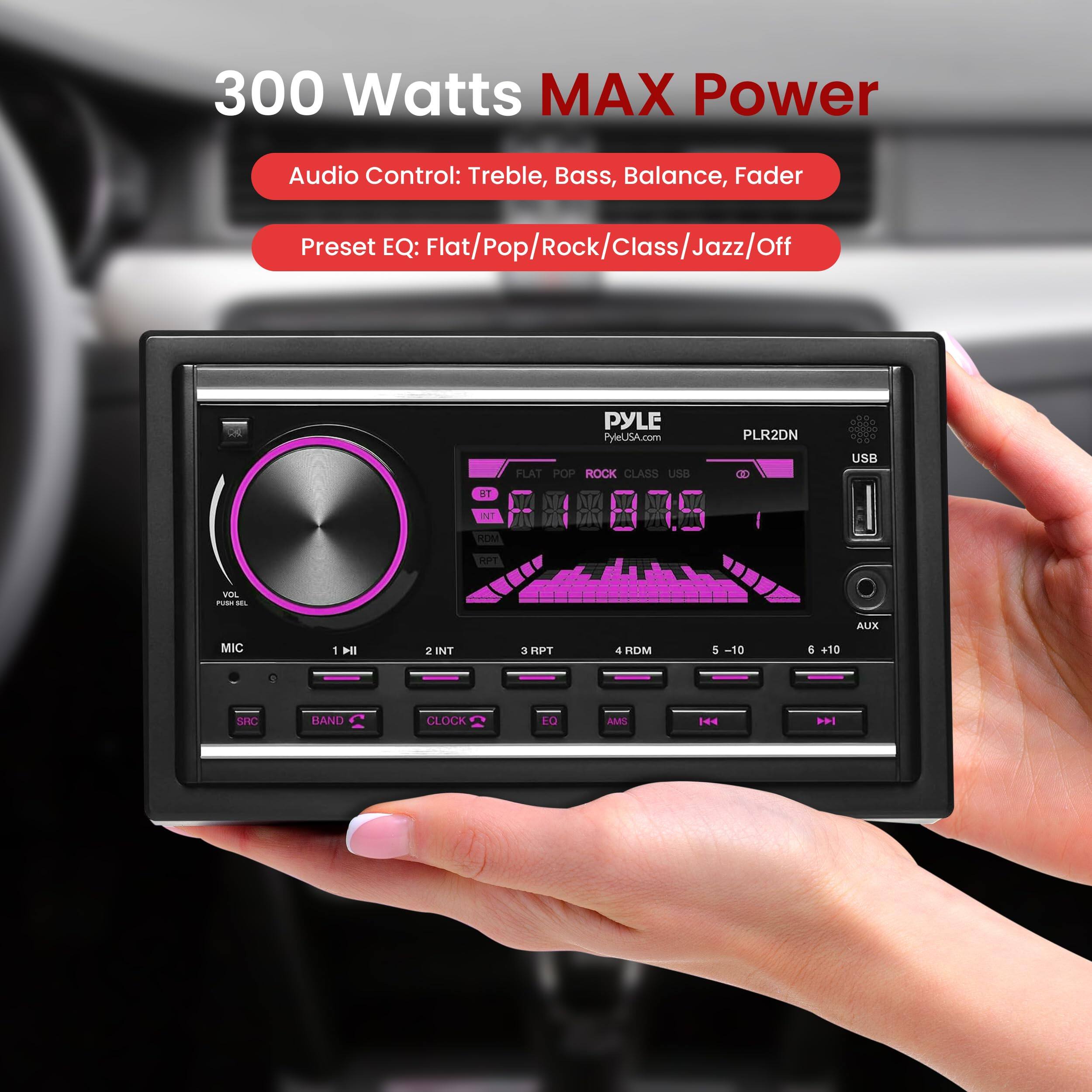 300 Watts MAX Power

Audio Control: Treble, Bass, Balance, Fader

Preset EQ: Flat/Pop/Rock/Class/Jazz/Off

PYLE PyleUSA.com

PLR2DN

USB

FLAT POP ROCK CLASS

USB

EL D HOM HP VEL

rUSE - ALEX

MIC 1

3 NT 5

RPT 4

RDM 5

-10

6 +10

SHC

HAND CLOCK

EQ

AMAS

H4 +