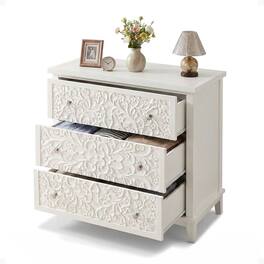 COZAYH - 3-Drawer Flower Motif Dresser for Home & Bedroom, Fully Assembled - White