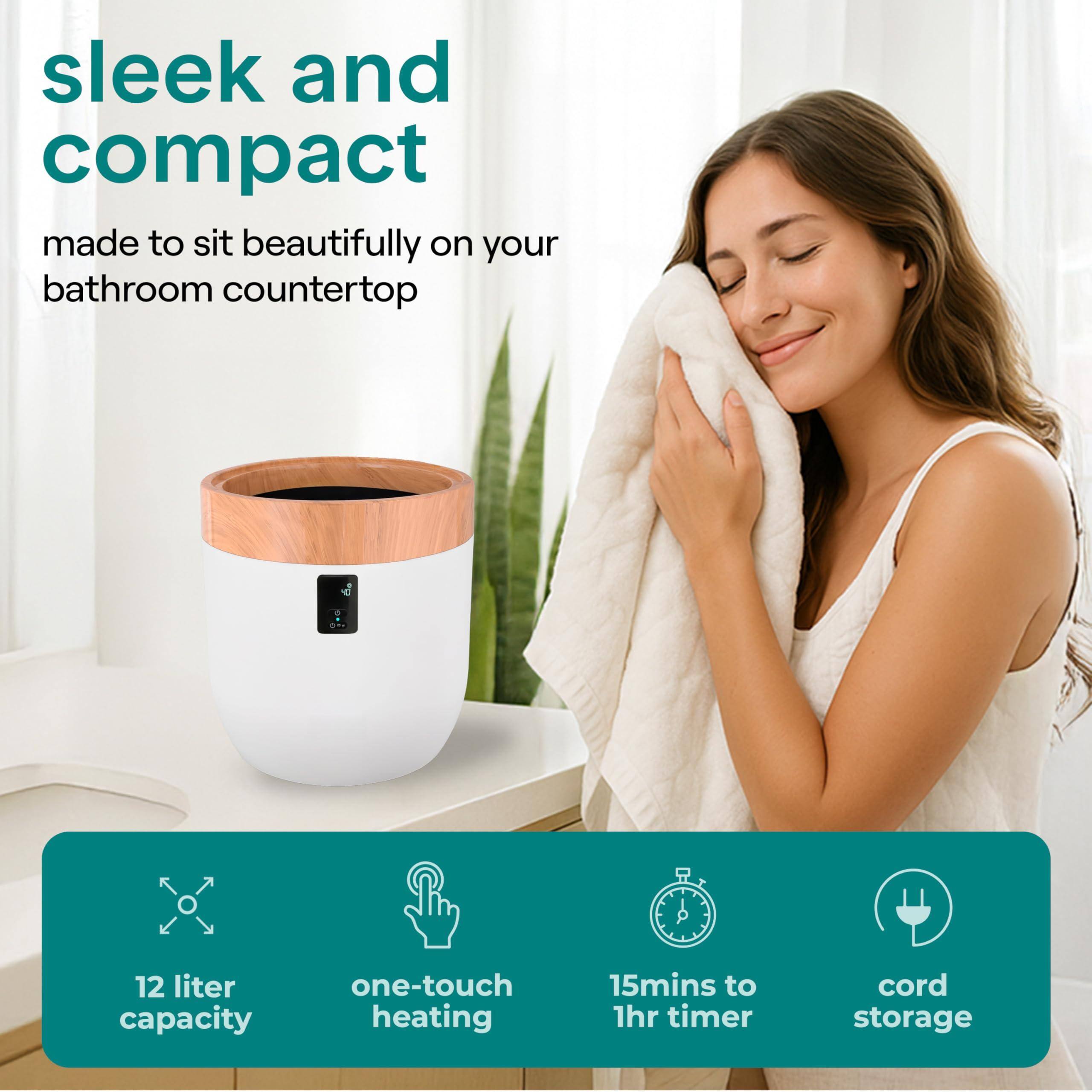 sleek and compact  
made to sit beautifully on your bathroom countertop  

12 liter capacity  
one-touch heating  
15mins to 1hr timer  
cord storage
