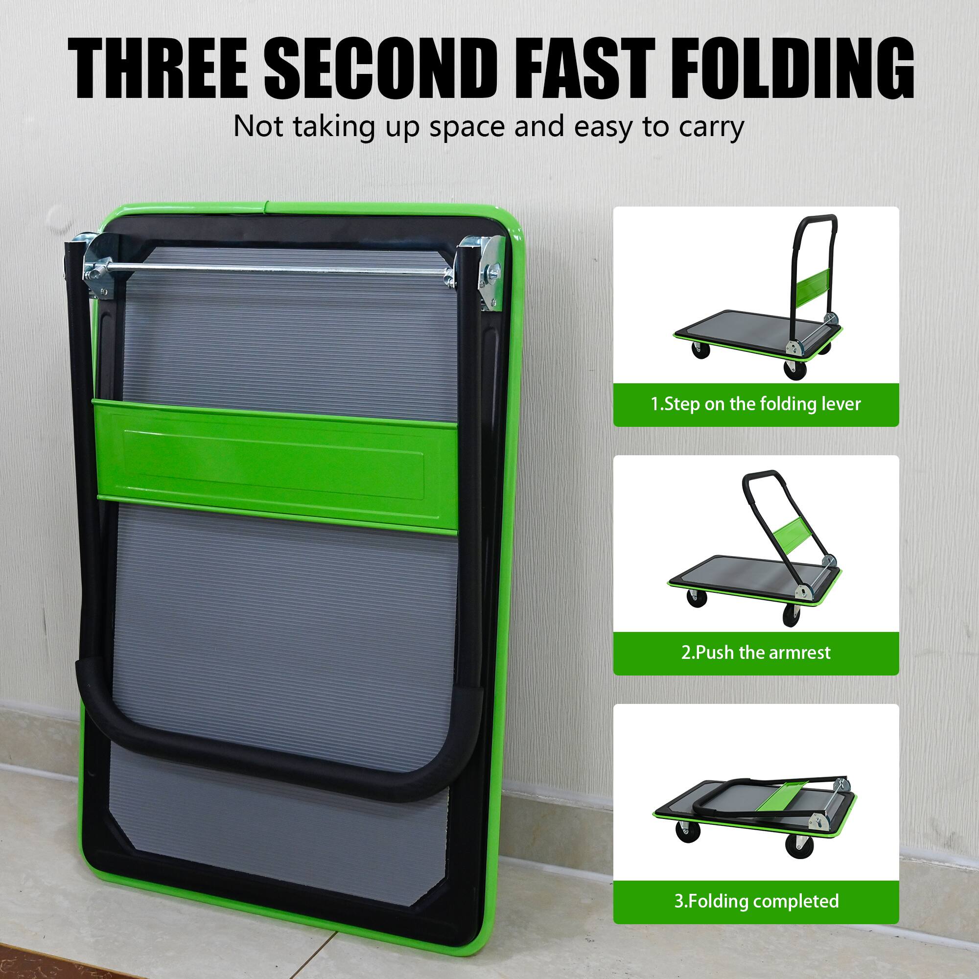 THREE SECOND FAST FOLDING  
Not taking up space and easy to carry

1. Step on the folding lever  
2. Push the armrest  
3. Folding completed