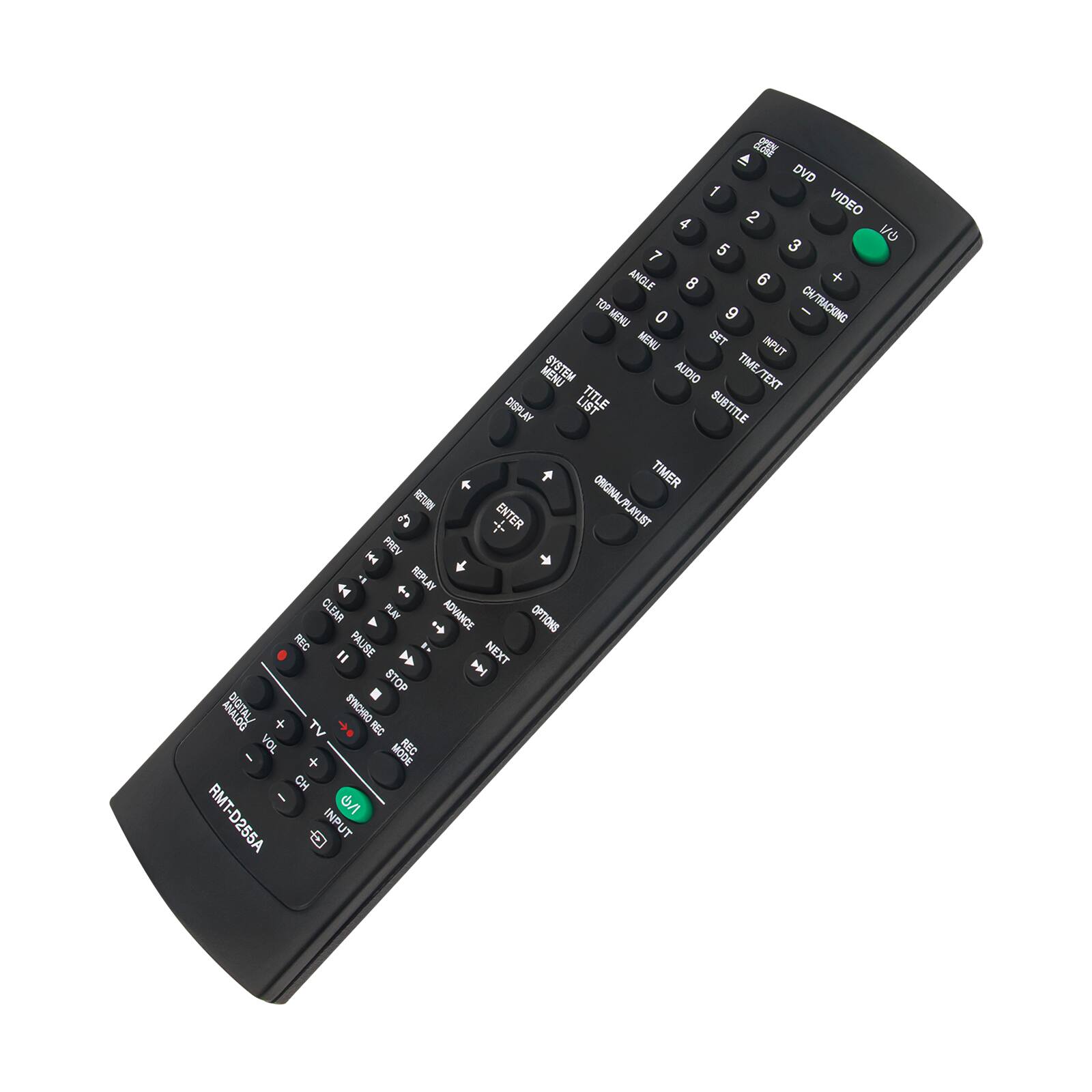 2OL DVD 1 2 VIDEO 4 1/O 5 3 7 ANGLE  6 + TOP MENU 0 9 ON/TRACKING MENU SET INPUT MENU STATEMENT AUDIO TIME/TEXT TIME TEXT LIST TITLE SUBTITLE DISPLAY ORIGINAL TIMER RETURN ORIGINAL/PLAYLIST a + ENTER PLAYLIST FREEVee 4 1N +. REPLAY CLEAR PLAY ADVANCE OPTIONS  ReC PAUSE NEXT " 144 STOP RO% + OUMONAS TV REC VOL MODE RSC - + CH I / RMT-D255A  INPUT