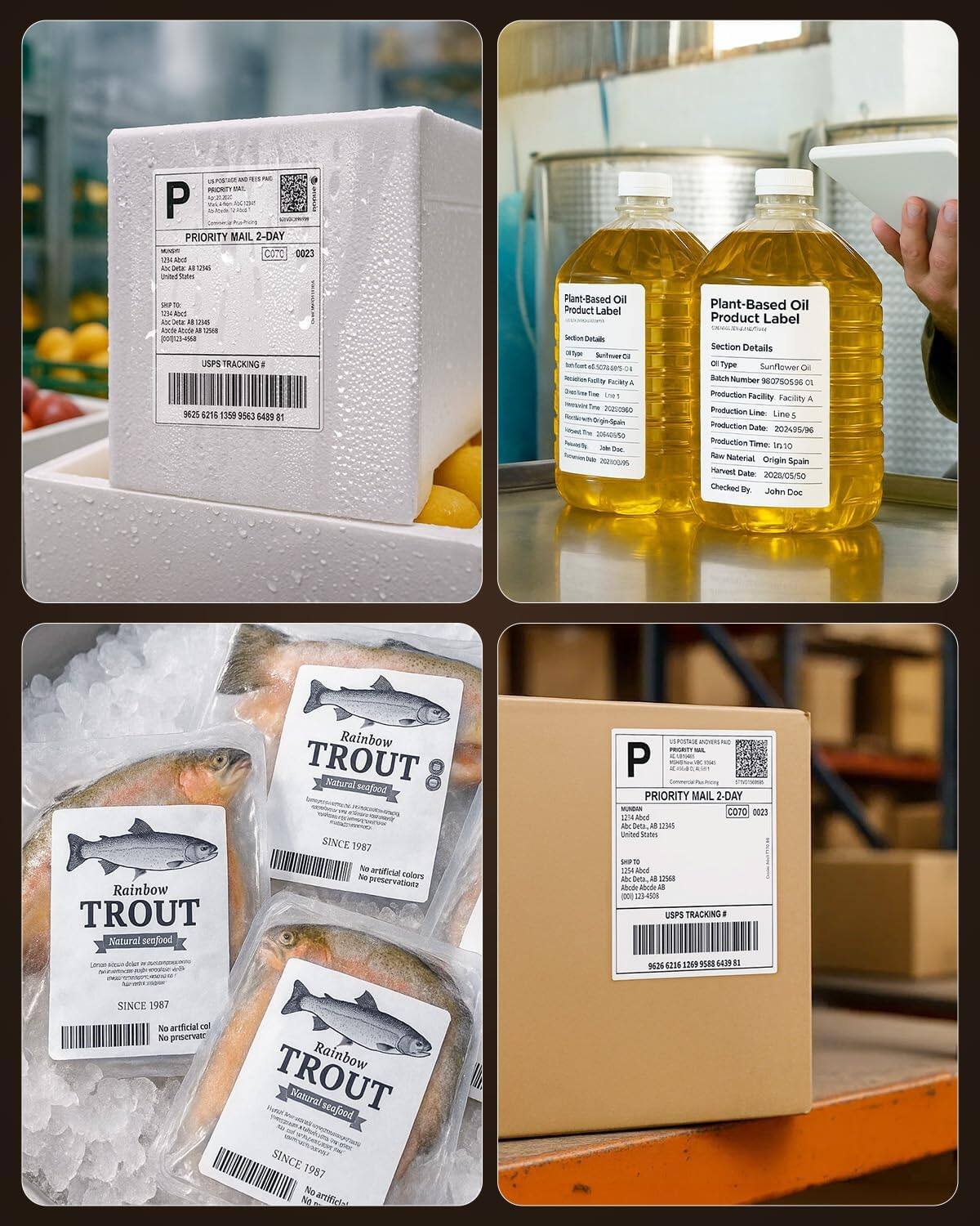 **Top Left:**

- **Priority Mail 2-Day**
- **COTO 0023**
- **15 Ao nongo_c - UM DN! SARVS 1 ie nthing_t_e - BUM aN im . SN 000)23-4**
- **USPS TRACKING # 9E25 6216 1359 9563**
- **Plant-Based Oil Product Label Section Details**
- **DI "ype Sunflower Oil**
- **Batch Number 0790594 C**
- **Production Facility Facility A**
- **Production Line Line 5**
- **Production Date 2024/05/06**
- **Production Time 10:10**
- **Raw Material Origin Spain**
- **Harvest Date 2025/05/50**
- **Checked By John Doe**
- **Rainbow TROUT Natural seafood SINCE 1987**
- **No artificial colors No preservatives**

**Top Right:**

- **Plant-Based Oil Product Label**
- **Section Details**
- **Oil Type Sunflower Oil**
- **Batch Number 0790