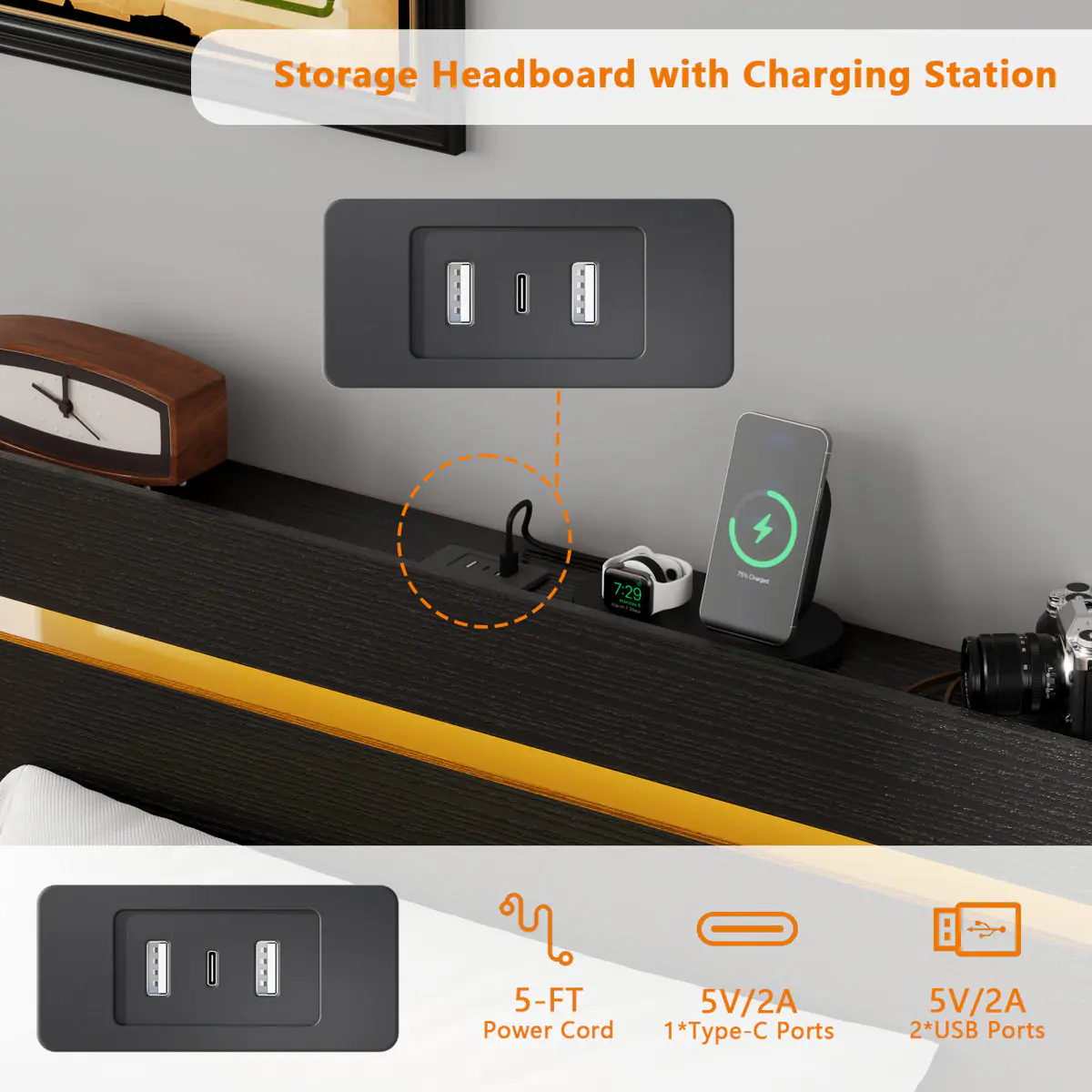 Storage Headboard with Charging Station

- 5-FT Power Cord
- 5V/2A 1*Type-C Ports
- 5V/2A 2*USB Ports