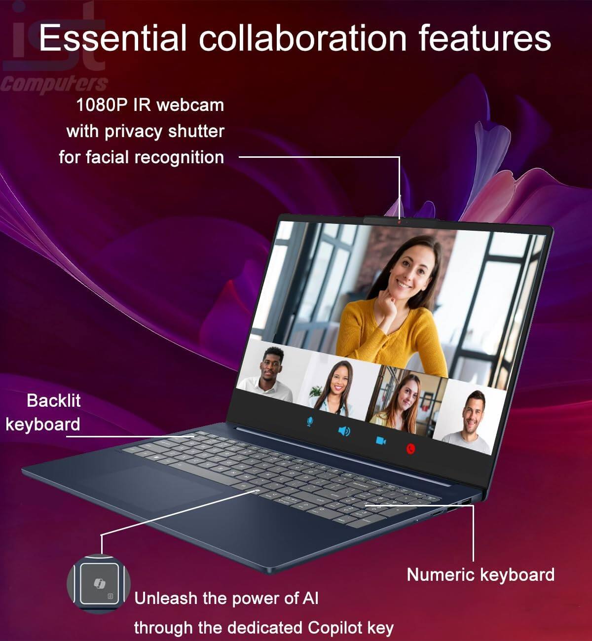 Essential collaboration features

- 1080P IR webcam with privacy shutter for facial recognition
- Backlit keyboard
- Numeric keyboard
- Unleash the power of AI through the dedicated Copilot key
