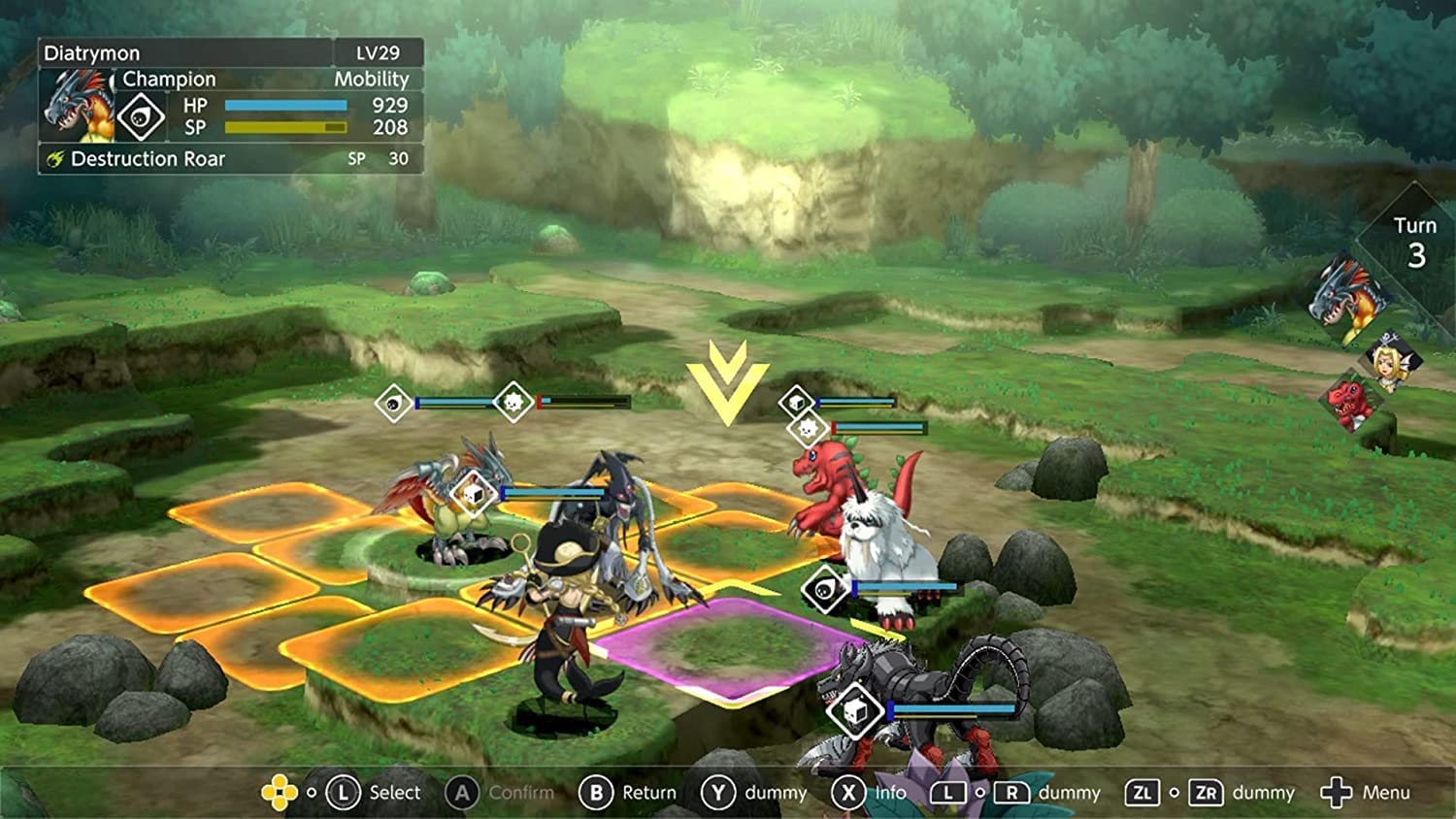 Diatrymon Champion  
HP: 929  
SP: 208  
Destruction Roar  
SP: 30  
LV: 29  
Mobility: 929  
Turn: 3  

Controls:  
- Select: O  
- Confirm: A  
- Return: B  
- Info: Y  
- Menu: +