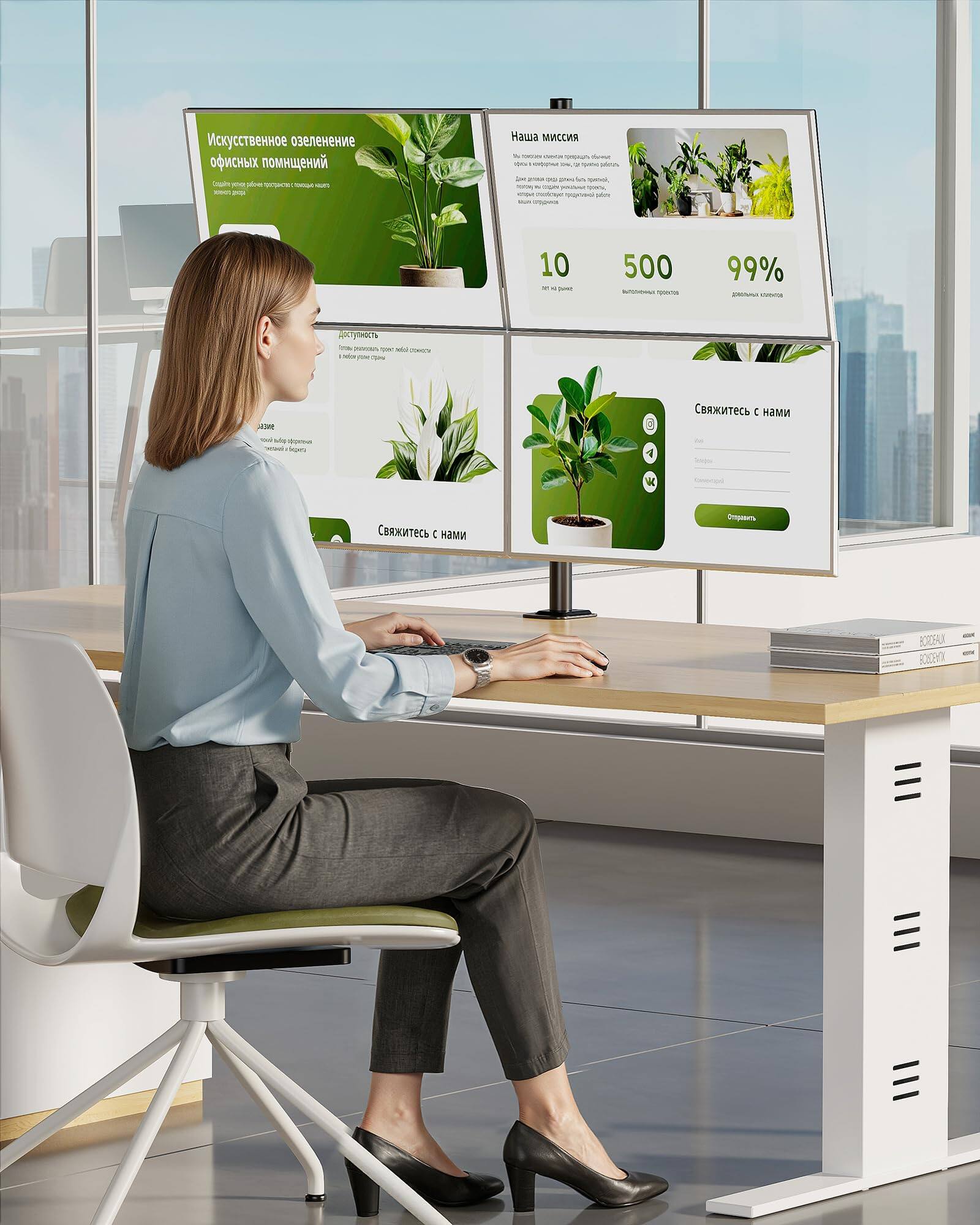 Certainly! Here is the corrected and grouped text from the image:

---

**Искусственное озеленение офисных помещений**

Создание уникального пейзажа из растений в интерьере офиса

---

**Наша миссия**

Создание уникального пейзажа из растений в интерьере офиса, который будет радовать глаз и дарить положительные эмоции, улучшать атмосферу в помещении, создавать уют и комфорт.

---

**10**  
АРТ. ГАМЕ

---

**500**  
ВЫГОДНОЕ РЕШЕНИЕ

---

**99%**  
ДОЛГОВЕЧНОСТЬ

---

**СВЯЖИТЕСЬ С НАМИ**

[Form fields: Имя, Телефон, Комментарий]  
[Button: Отправить]

---

**Создание**  
модульных композиций  
из растений

---

**Свяжитесь с нами**

---

**Свяжитесь с н