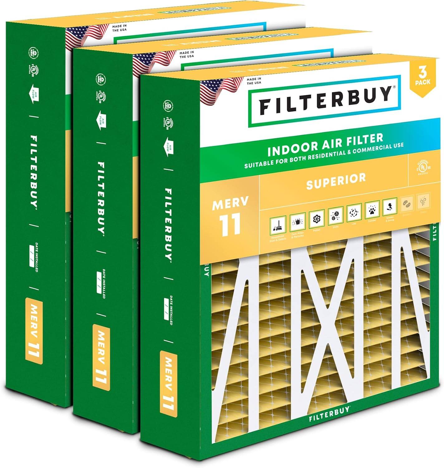 Filterbuy - 17.5x21x5 MERV 11 Pet & Allergy Defense, Pleated HVAC AC Furnace Air Filters Replacement for Rheem & Ruud (3-Pack) - Gold
