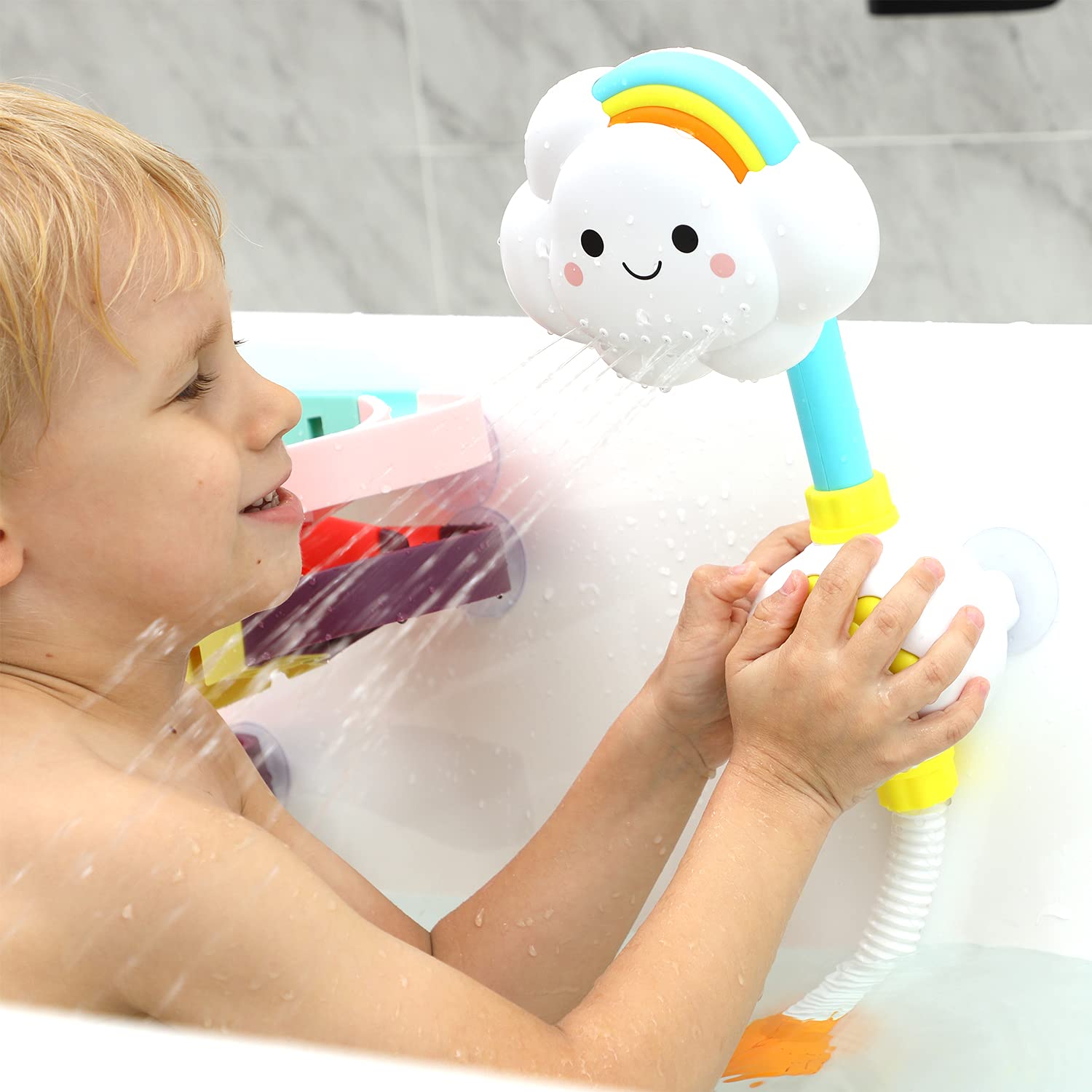 Angle. CUTE STONE - 33 PCS Bath Toys for Toddlers, Bathtub Toy Set with Shower, Marble Run, Fishing Game, Floating Dinosaur & Duck Water Toy.