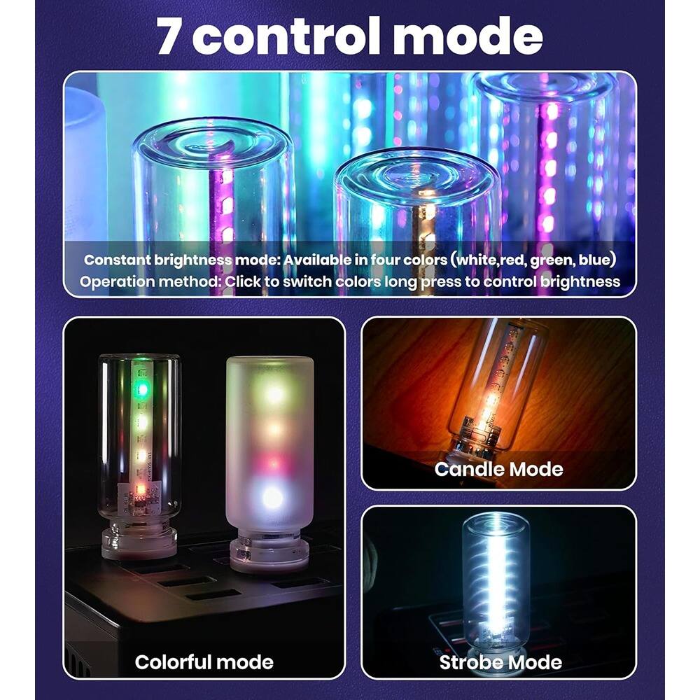 7 control mode

Constant brightness mode: Available in four colors (white, red, green, blue)  
Operation method: Click to switch colors long press to control brightness

Colorful mode

Candle Mode

Strobe Mode