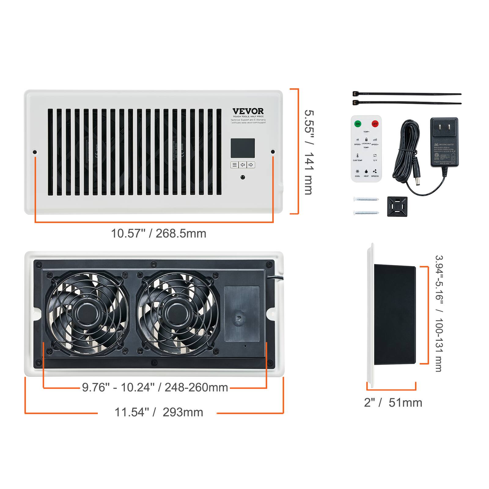 VEVOR

- 5.55" / 141 mm
- 10.57" / 268.5 mm
- 9.76" - 10.24" / 248-260 mm
- 11.54" / 293 mm
- 3.94" - 5.16" / 100-131 mm
- 2" / 51 mm