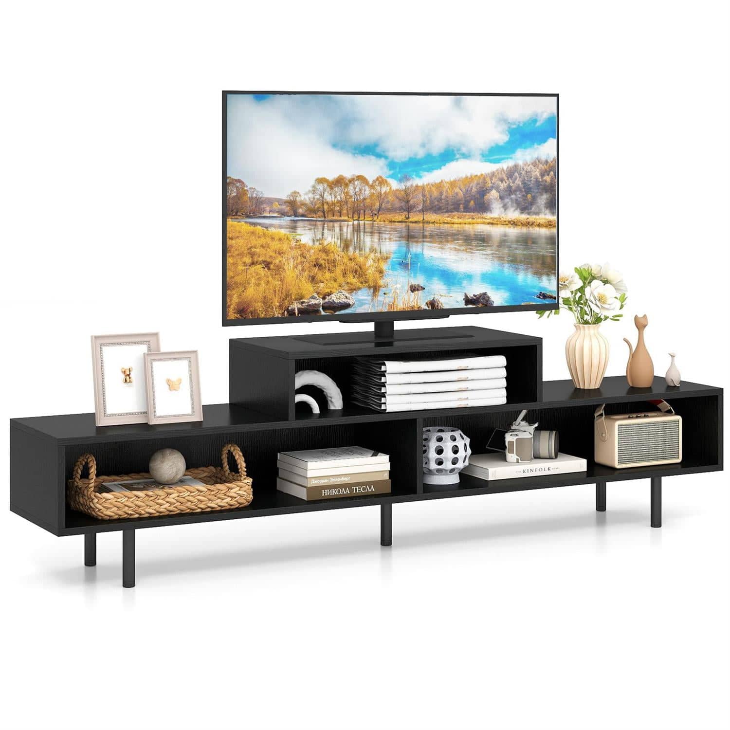 Pefilos - 3-Cubby Open Storage TV Stand, 70" TV Compatible, Open Compartments Design, TV Cabinet - Black