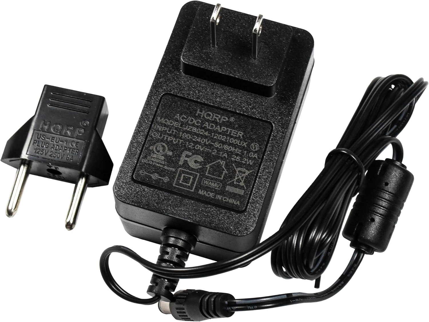 US-EU-1 HORP PLUG CE 125V 250V ADAPTER 6A MODEL AC/DC ADAPTER AC/DC HQRP  
INPUT MODEL: JZB02 MODEL-JZB024-1202100UX  
OUTPUT 100-240V-50 1202100UX 1202 12 OV-2.TA TA 60HZ 1 OA 39955 FC 25.2W  
WAMA MADE IN CHINA