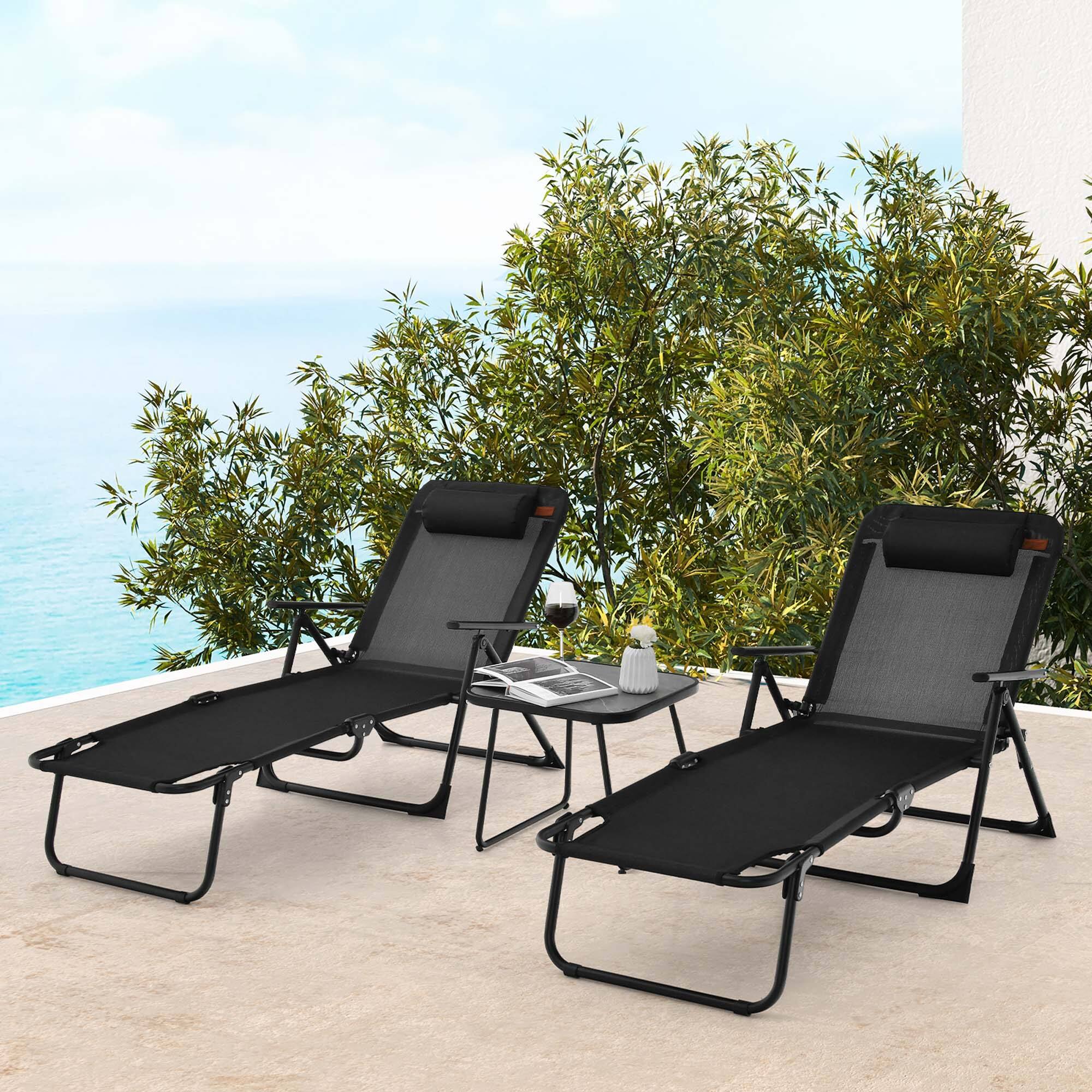 Alt View 2. Costway - Costway 3pcs Patio Folding Chaise Lounge Chair PVC Tabletop Set Outdoor Portable Beach - Black.