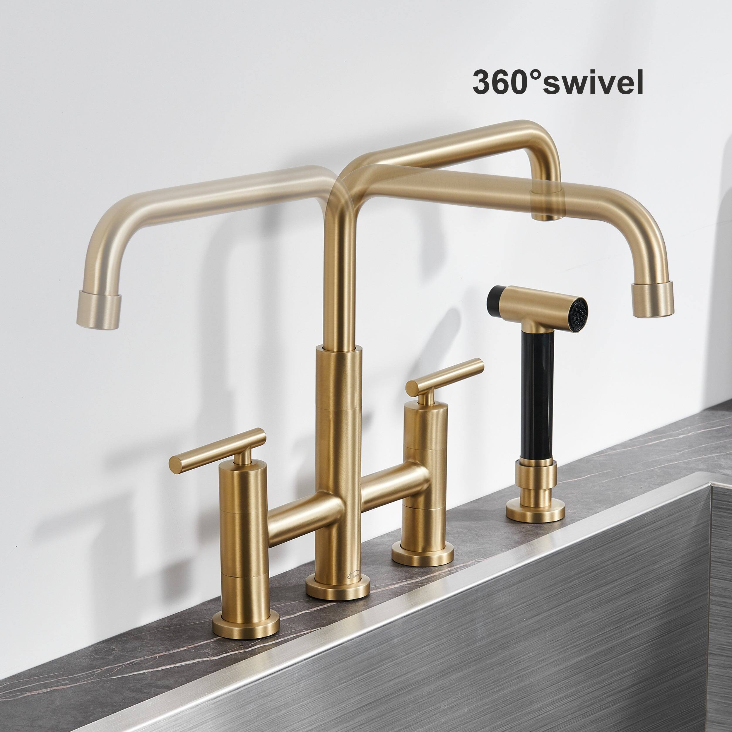 Alt View 5. Boyel Living - Double Handle 360 Degrees Rotation Bridge Kitchen Faucet with Pull-Out Side Sprayer, Ceramic Cartridge - Brushed Gold.