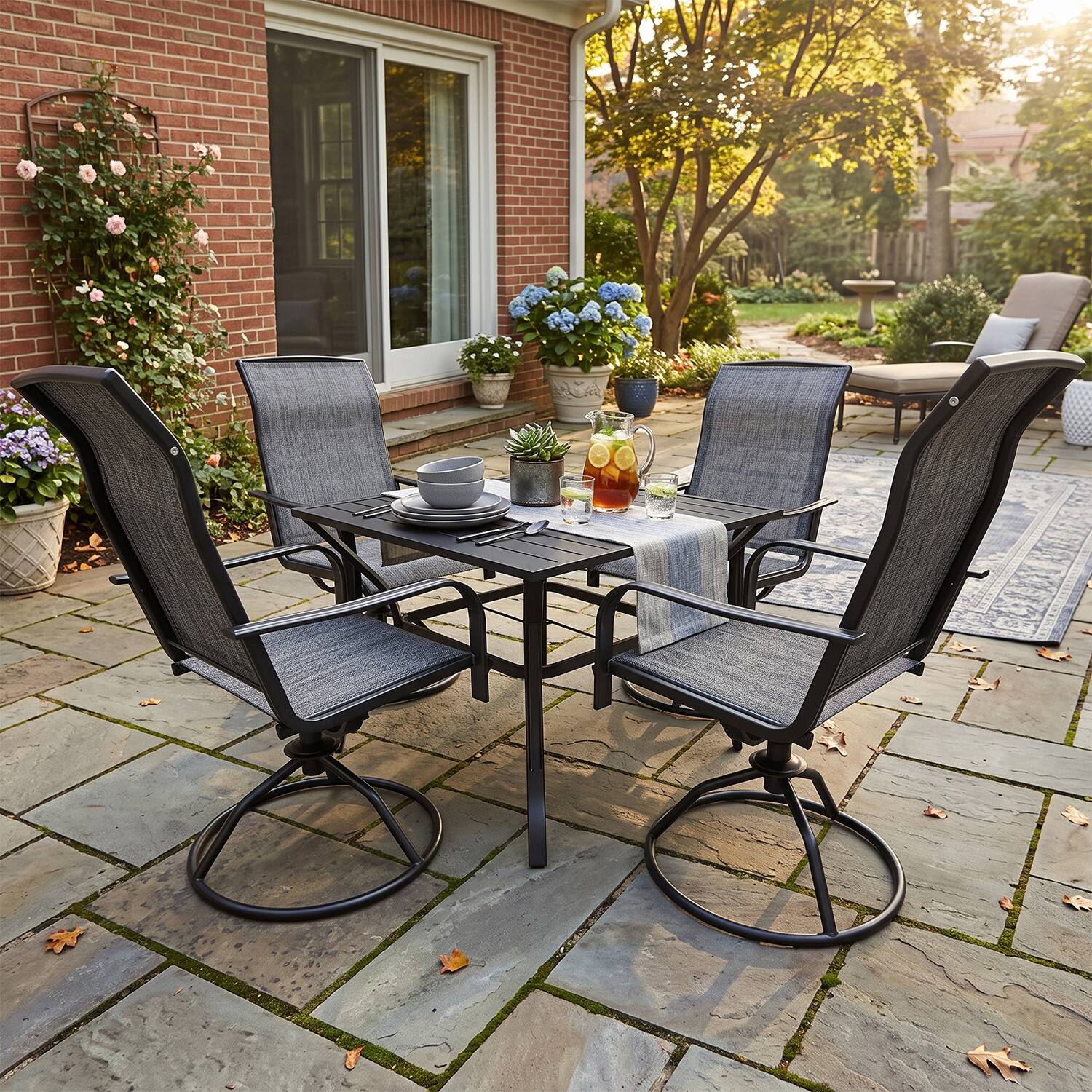 Back. Yardgrace - 5 Pieces Outdoor Patio Dining Set,with 4-Piece  Swivel Patio Rocking Chairs,1 dining table with an umbrella hole - Grey.