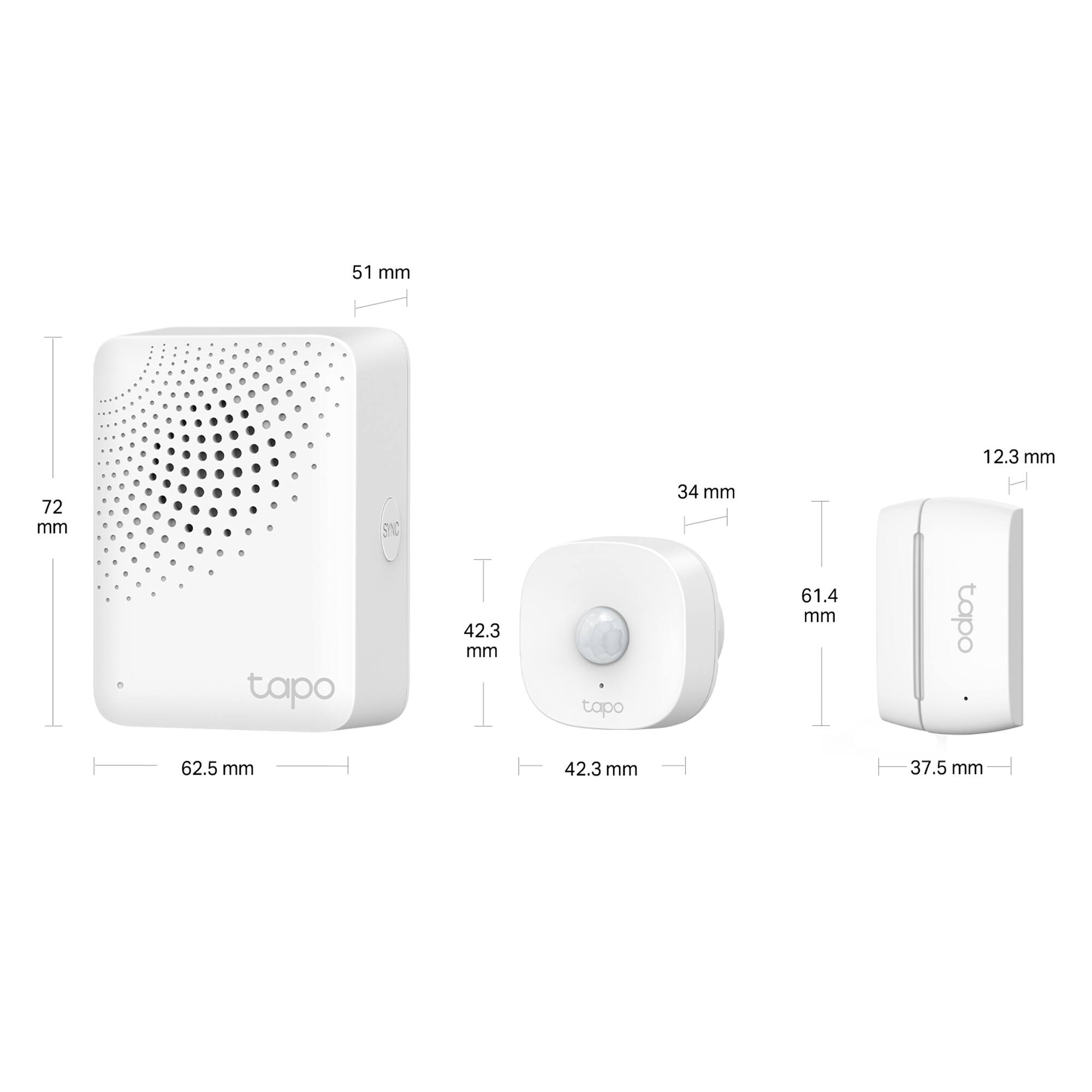 The text on the image is grouped and corrected as follows:

* 51 mm: 12.3 mm: 72 mm
* Tapo SNC T 42.3 mm: 34 mm
* Tapo 61.4 mm: 42.3 mm: 37.5 mm