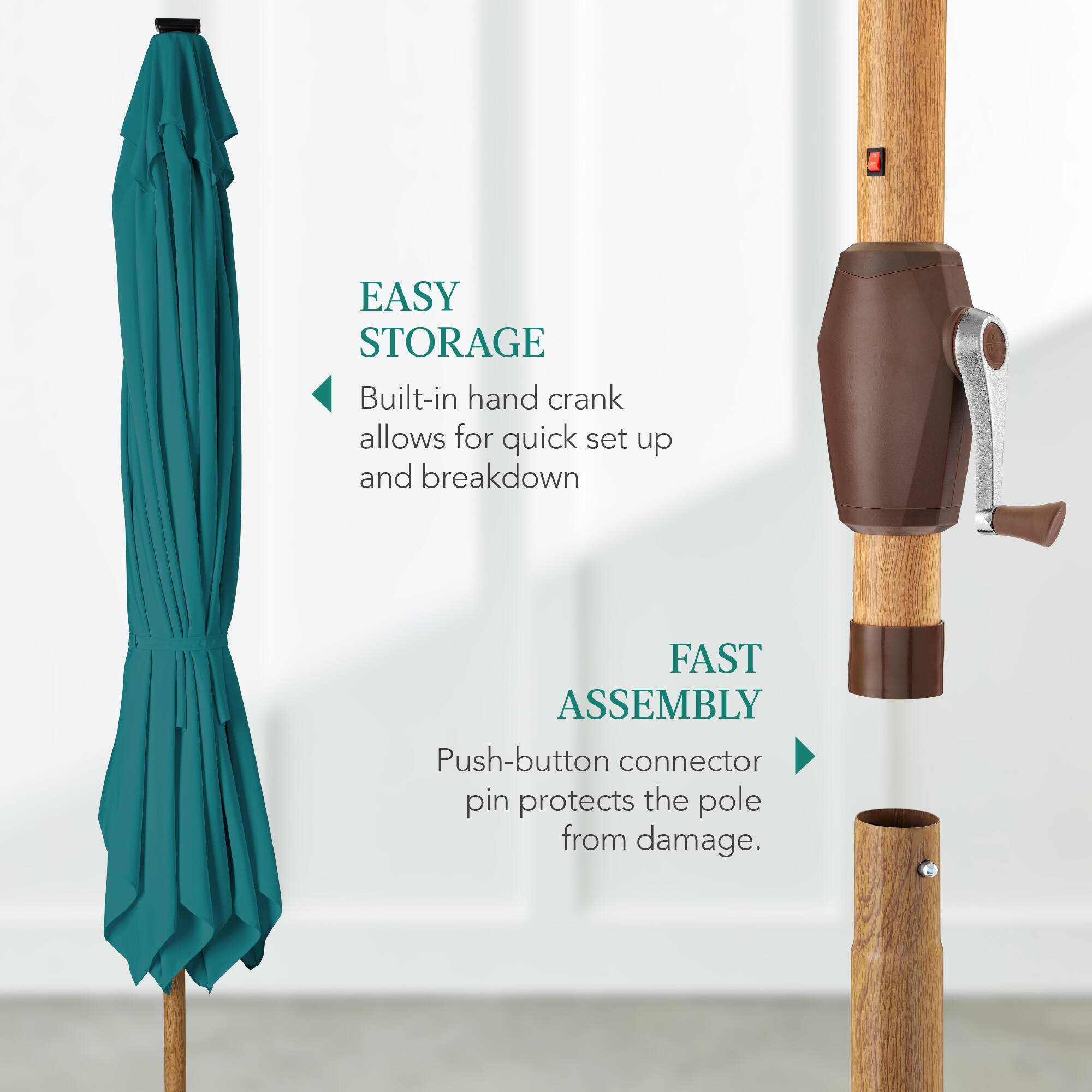 EASY STORAGE: Built-in hand crank allows for quick set up and breakdown. FAST ASSEMBLY: Push-button connector pin protects the pole from damage.