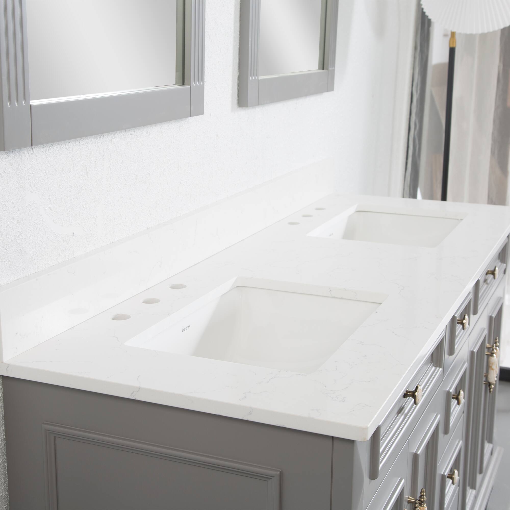 Back. WELLFOR - ARTWOOD 60 in. Solid Wood Bath Vanity with Quartz Top, Double Sink, Soft Close, Assembled - Gray.