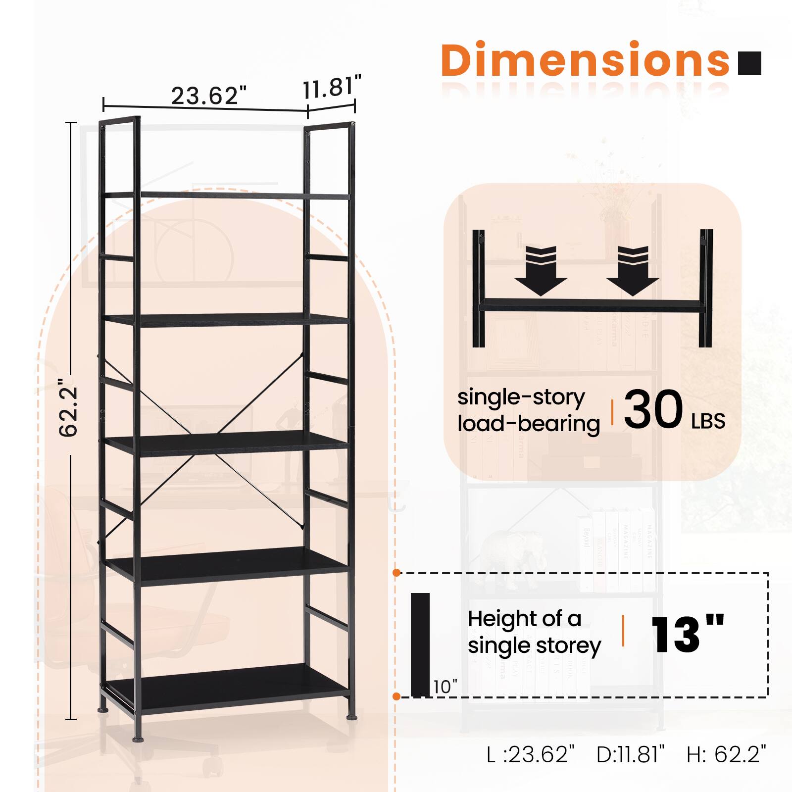 23.62" Dimensions 11.81" DUSUSIQN? 62.2" single-story 30 I LBS load-bearing  Height of a single storey 10" 13" L :23.62" D:11.81" H: 62.2"