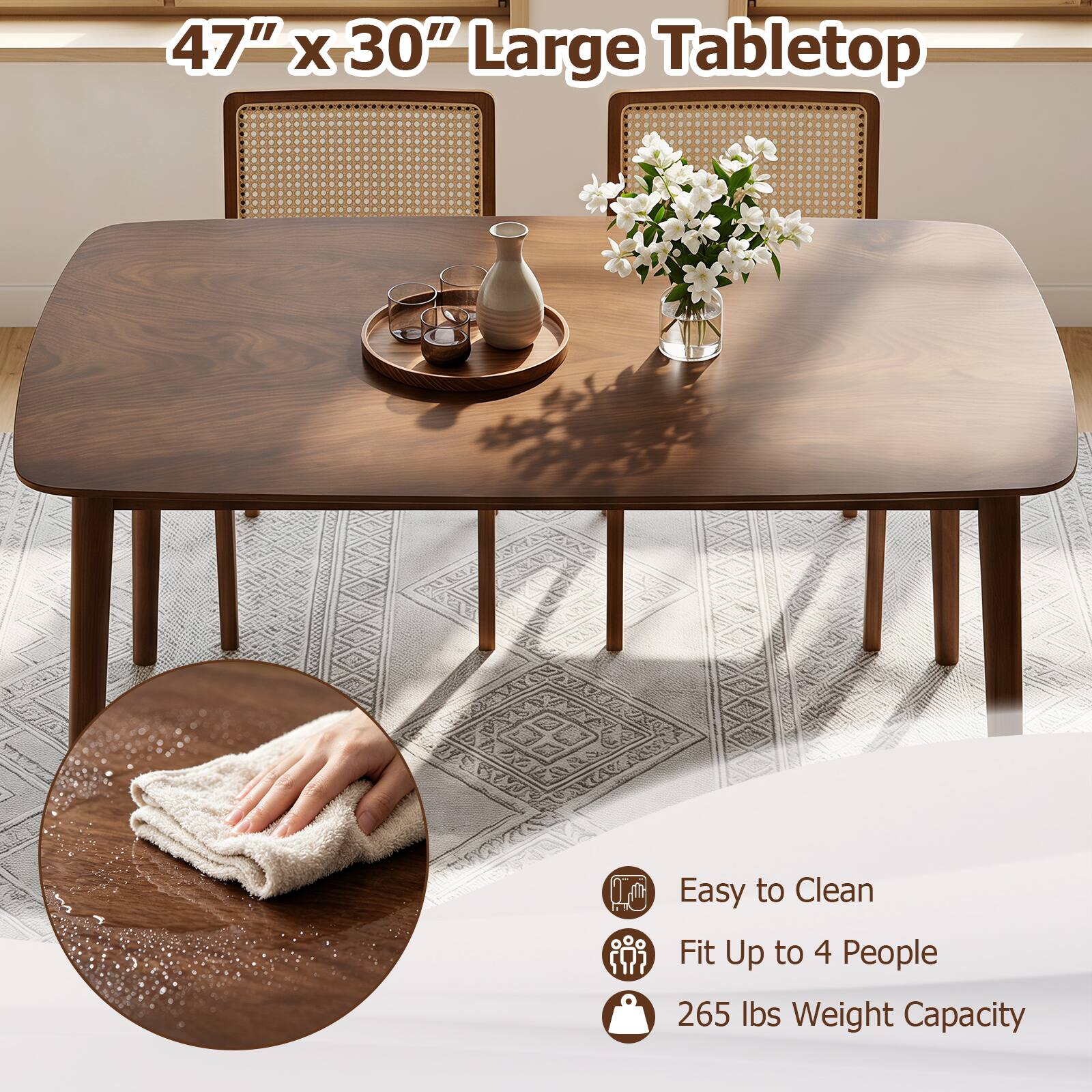 47" x 30" Large Tabletop

Easy to Clean
Fit Up to 4 People
265 lbs Weight Capacity