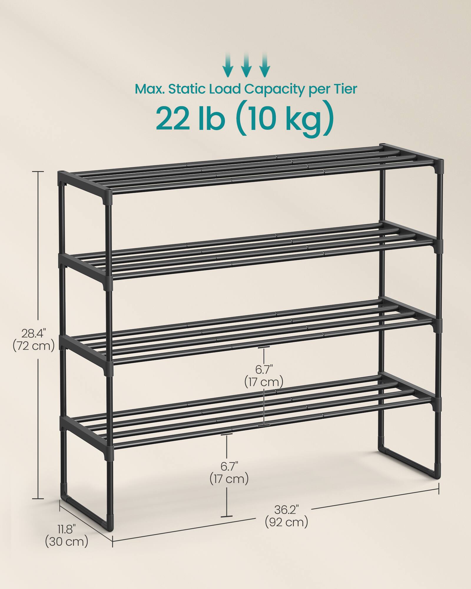 Max. Static Load Capacity per Tier: 22 lb (10 kg)

Dimensions:
- Height: 28.4" (72 cm)
- Shelf Depth: 6.7" (17 cm)
- Shelf Spacing: 6.7" (17 cm)
- Width: 36.2" (92 cm)
- Depth: 11.8" (30 cm)
