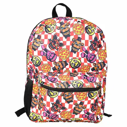 Front. Disney - Five Nights at Freddy's 16" Red Checkered with Pizza Nylon School Backpack for Kids, with a front Pocket - Assorted Pre-Pack.