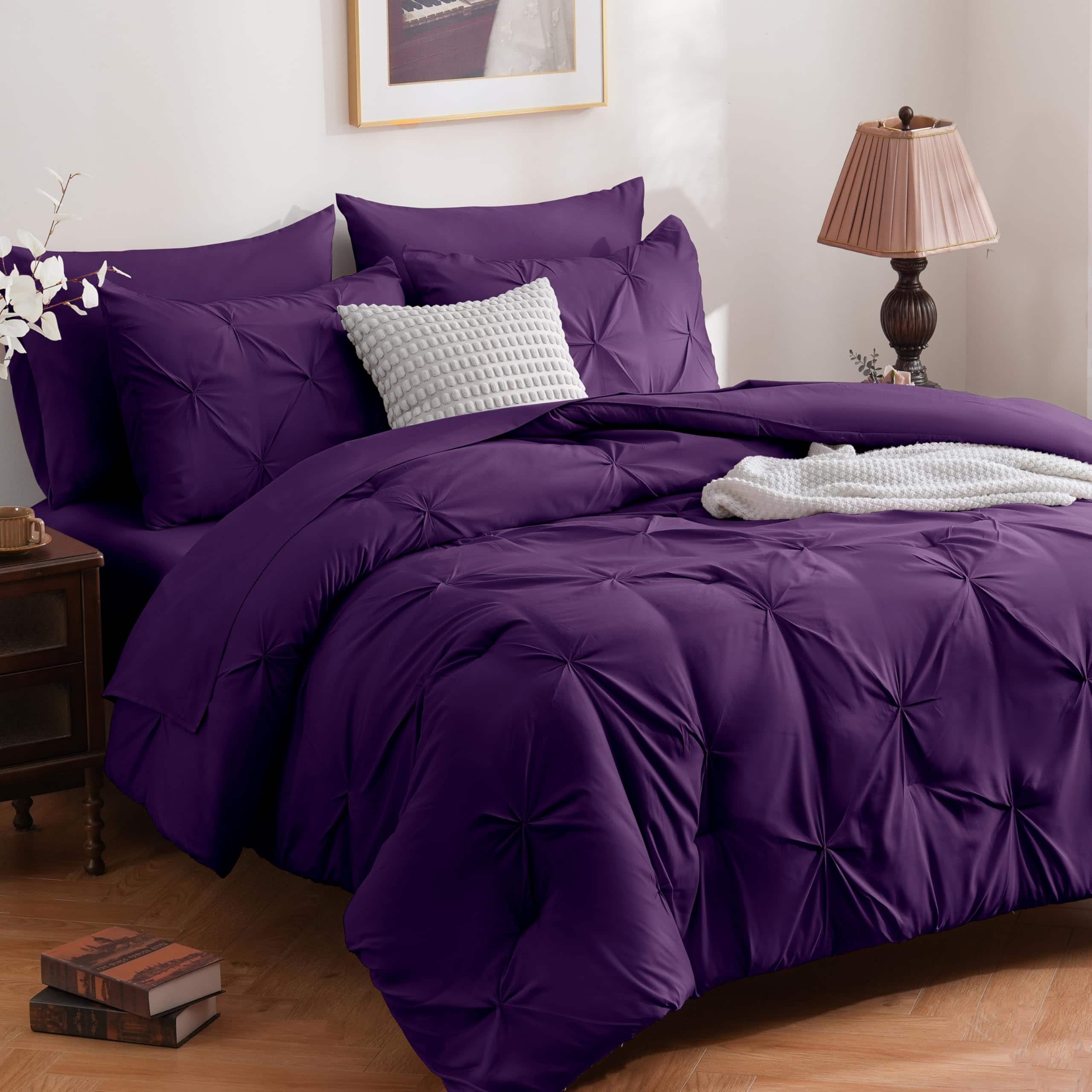 Stylel Star - 7 Pieces Pink Full Size Comforter Sets For Women Pintuck Bed In A Bag Pinch Pleat Set Soft Microfiber All Season - Purple-Full