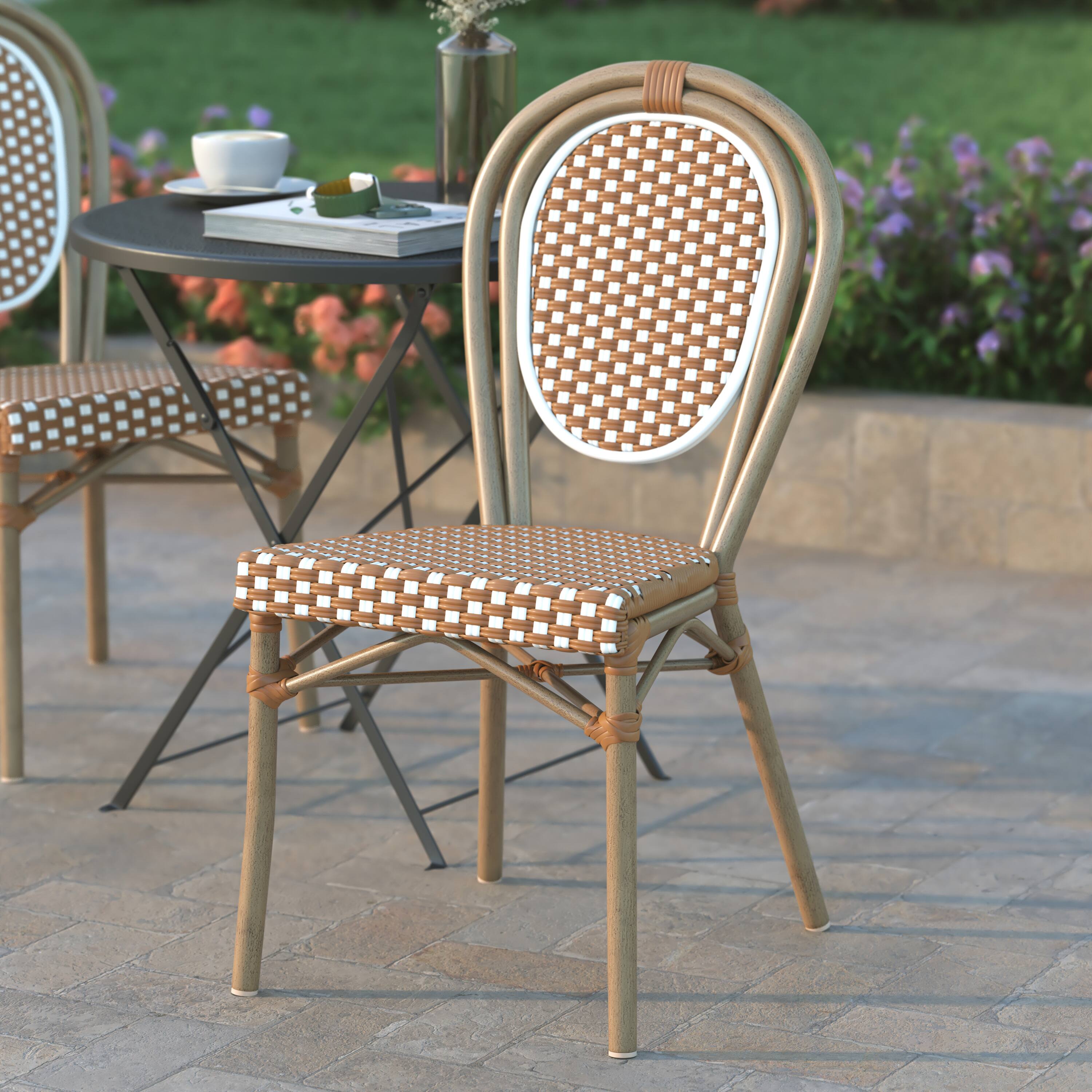 Alt View 3. Emma + Oliver - Colmar Indoor/Outdoor Stacking Thonet Bistro Style Chair with PE Rattan Seat and Metal Frame - Natural & White/Light Natural Frame.
