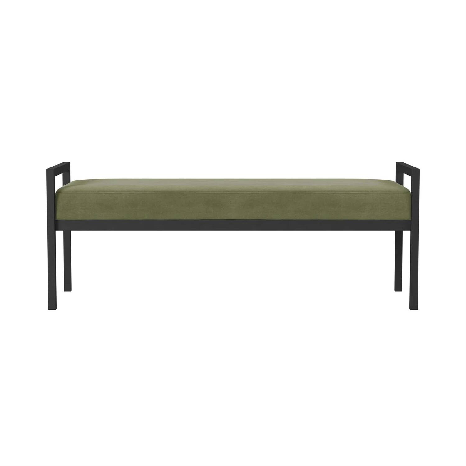 Left. SlickBlue - Modern Industrial Bed Bench with Metal Frame and Velvet Cushion - Green.
