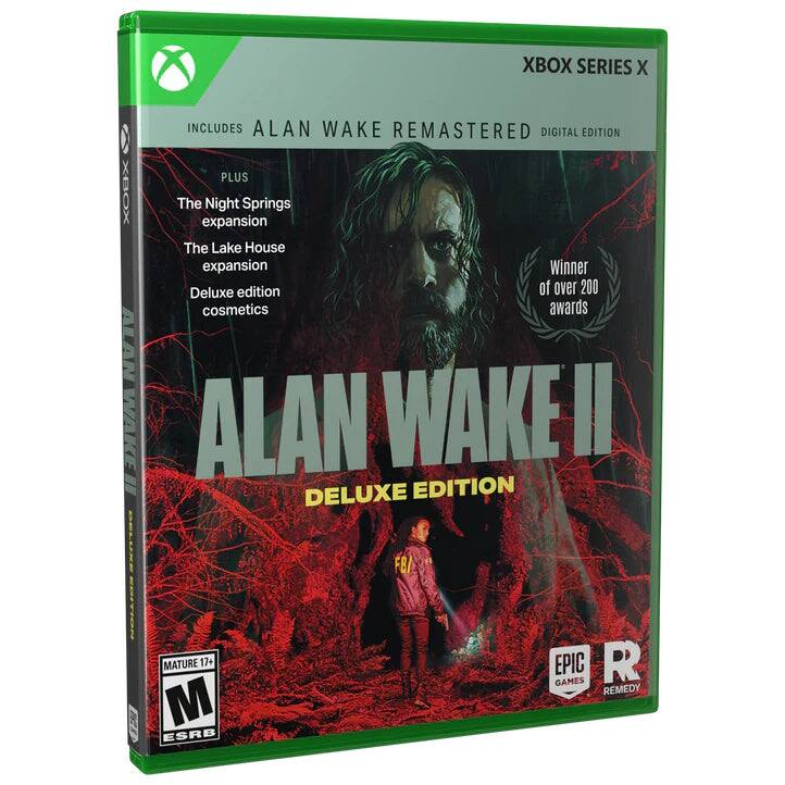 XBOX SERIES X INCLUDES ALAN WAKE REMASTERED DIGITAL EDITION PLUS The Night Springs expansion The Lake House expansion Deluxe edition cosmetics Winner of over 200 awards ALAN WAKE II DELUXE EDITION MATURE 17+ EPIC GAMES REMEDY ESRB