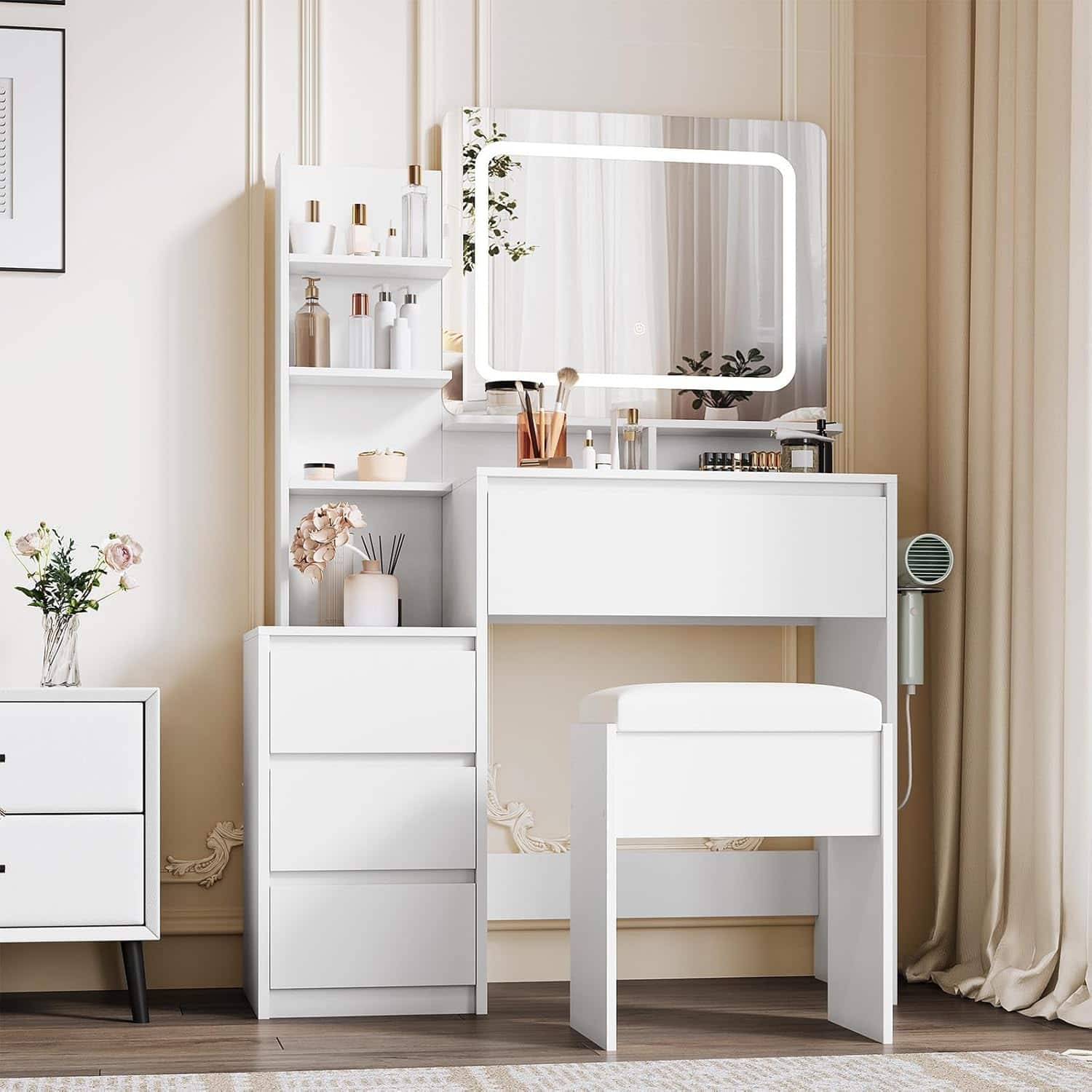 GARVEE - Vanity Desk with Mirror & 3-Color LED Lights, Power Outlet, USB Charging, 4 Drawers, Shelves, Stool, 36" Table - White