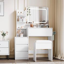 GARVEE - Vanity Desk with Mirror & 3-Color LED Lights, Power Outlet, USB Charging, 4 Drawers, Shelves, Stool, 36" Table - White