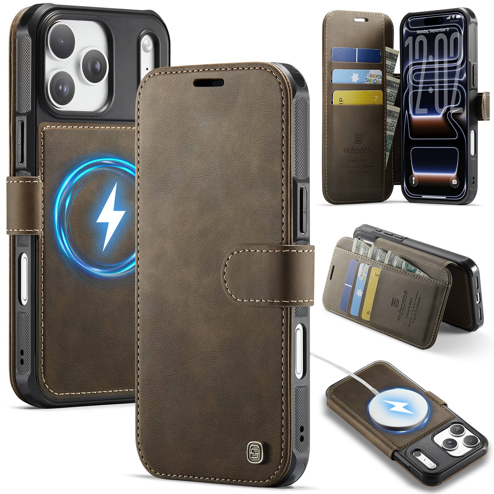 Dteck - Wallet Case for iPhone 17 Pro Max, Compatible with MagSafe, PU Leather Flip RFID Blocking Card Holder Cover - Brown