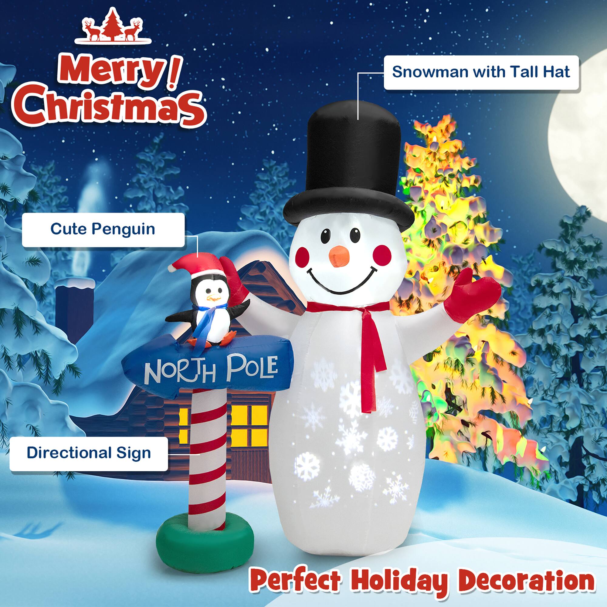 Merry! Christmas Snowman with Tall Hat Cute Penguin NORTH POLE Directional Sign Perfect Holiday Decoration