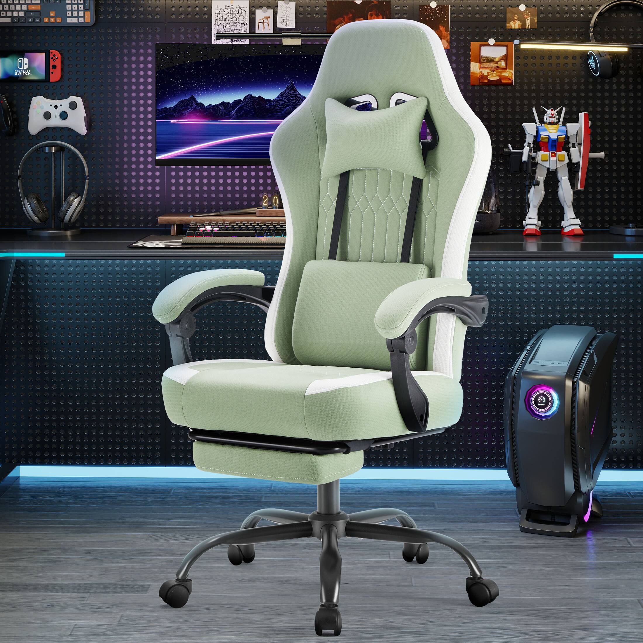 Alt View 2. Anysun - Computer Game Chair with Lumbar Support - Adjustable Height, Armrests, Headrest & 360° Rotating Wheels - Green.