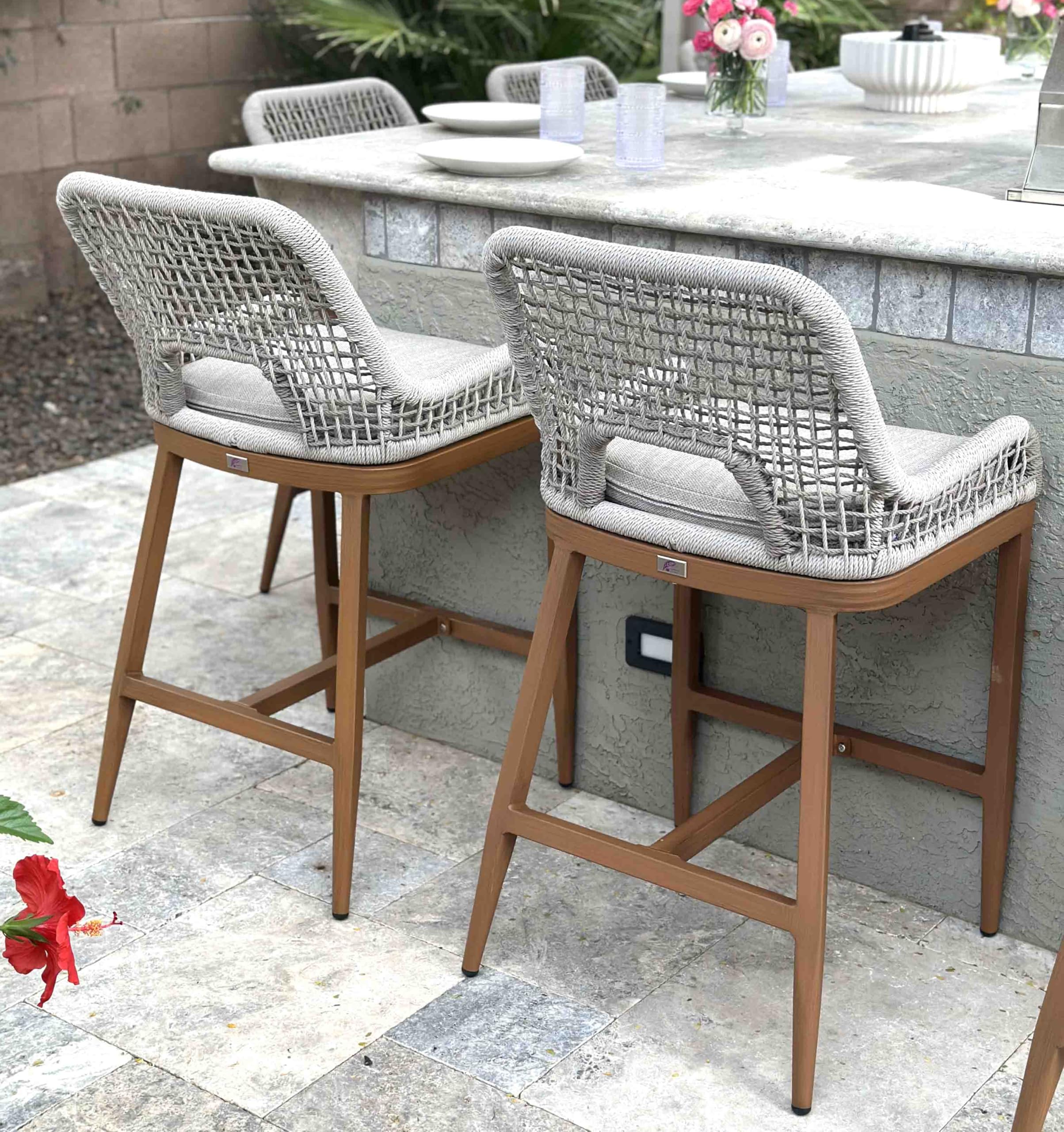 Alt View 1. PURPLE LEAF - Outdoor Bar Stool Set of 2, Wicker Rattan Bar stools with Back Aluminum Outside Garden Patio Bar Chairs - Plaid-Counter Height.