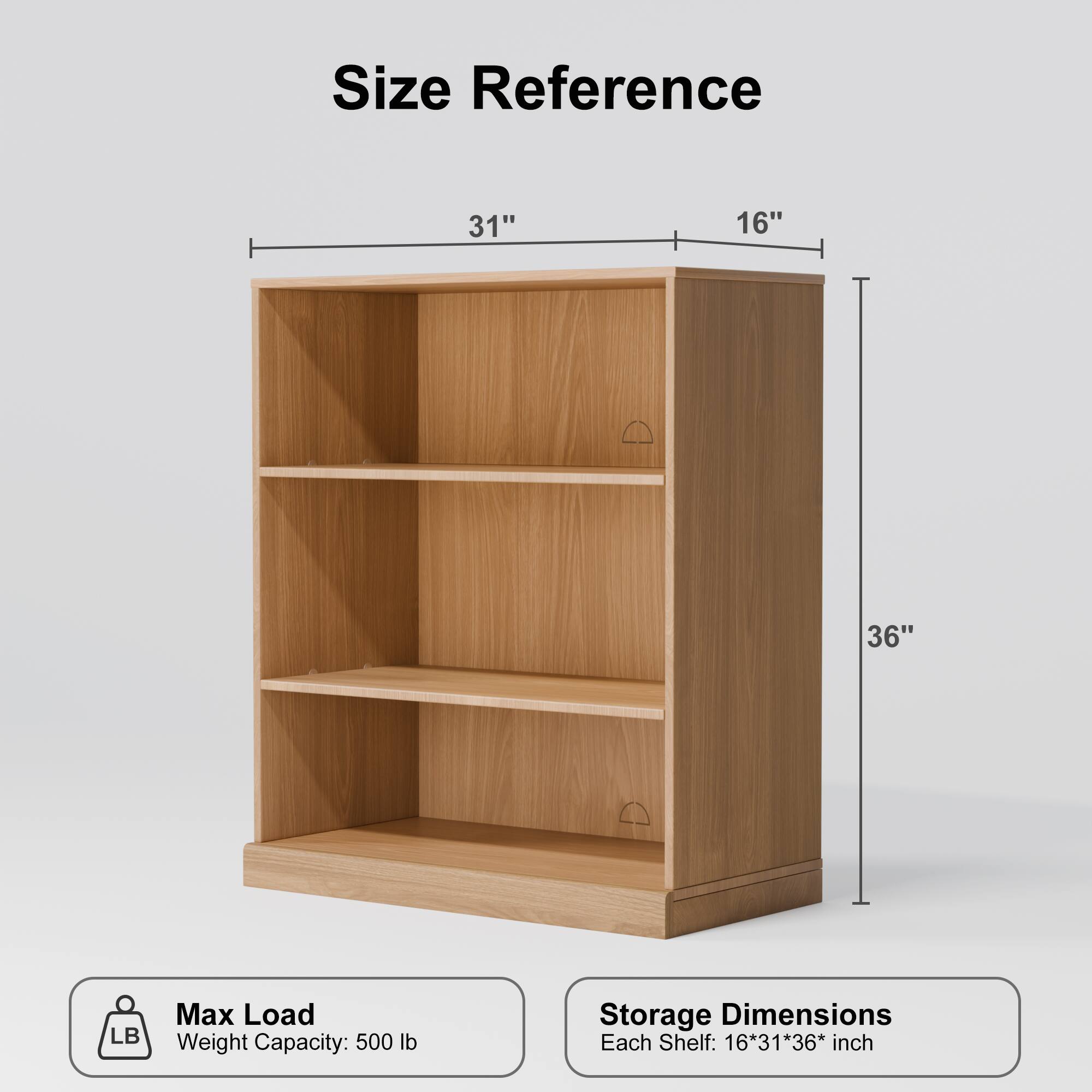Size Reference  
31" x 16" x 36"  

Max Load  
Weight Capacity: 500 lb  

Storage Dimensions  
Each Shelf: 16" x 31" x 36" inch