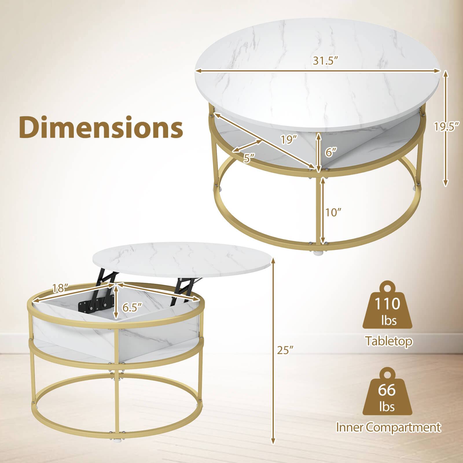 Dimensions

- Tabletop: 31.5" x 19" x 19.5"
- Inner Compartment: 18" x 6.5" x 25"
- Height: 10"
- Depth: 19"
- Width: 31.5"
- Weight Capacity: 110 lbs (Tabletop), 66 lbs (Inner Compartment)