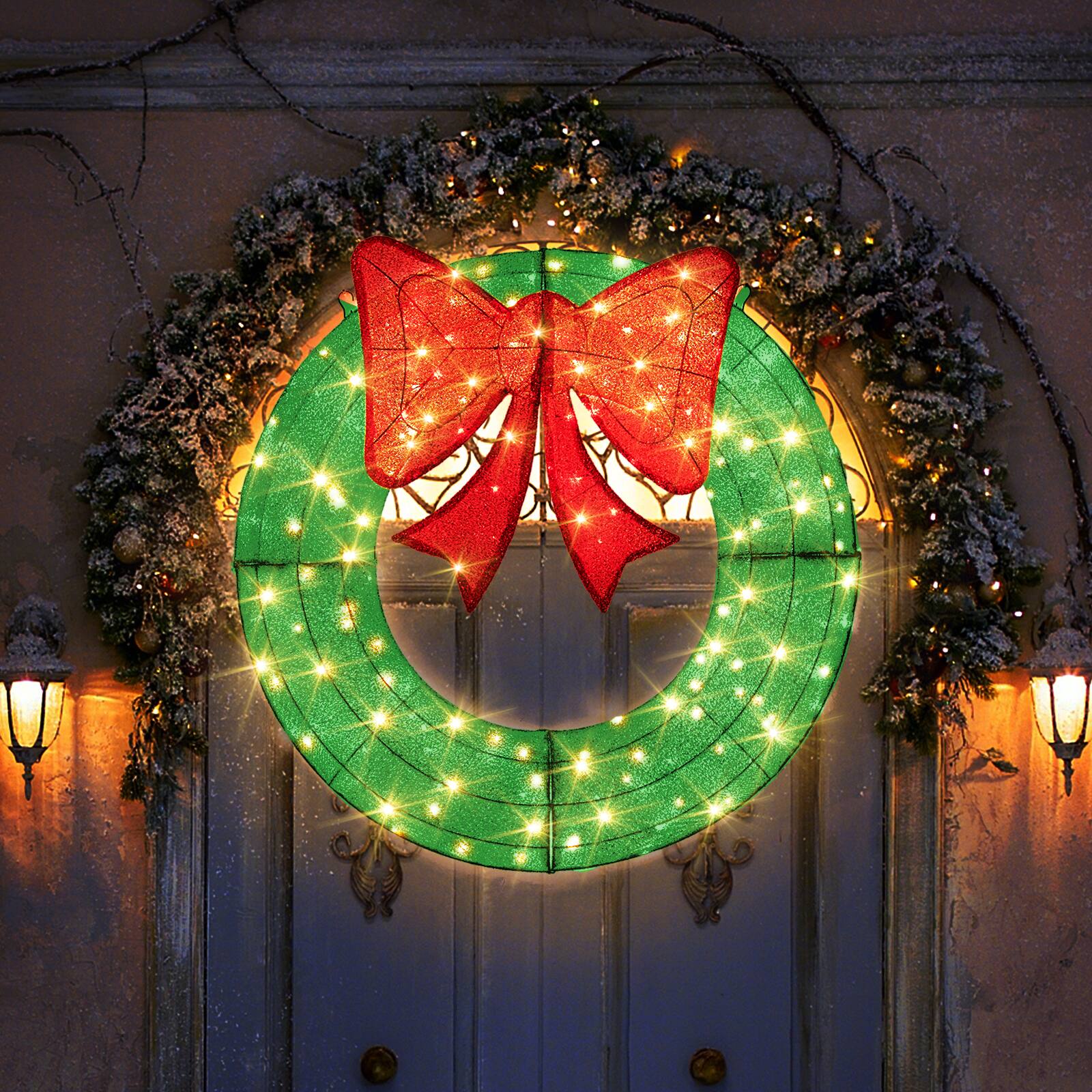 Alt View 8. Gymax - Gymax 48 Inch Pre-Lit Christmas Wreath w/ 200 LED Lights Red Bow Hanging Hooks - Green.