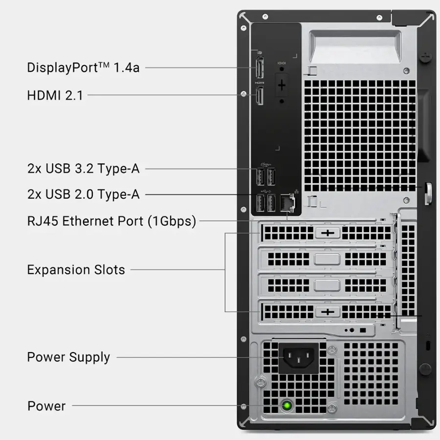DisplayPort HDMI 2.1 2x USB 3.2 Type-A 2x USB 2.0 Type-A RJ45 Ethernet Port (1Gbps) Expansion Slots Power Supply