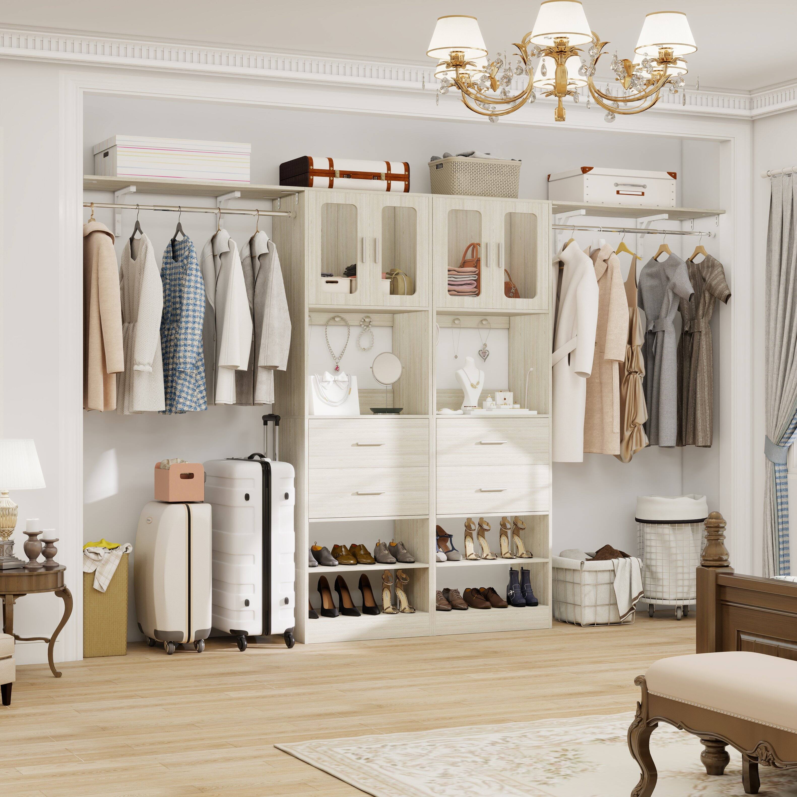 Alt View 4. Aheaplus - 41'' - 120'' Adjustable Wardrobe System with Drawers, Cabinets, and Hanging Rods, Large Closet System Sets - Beige Oak.