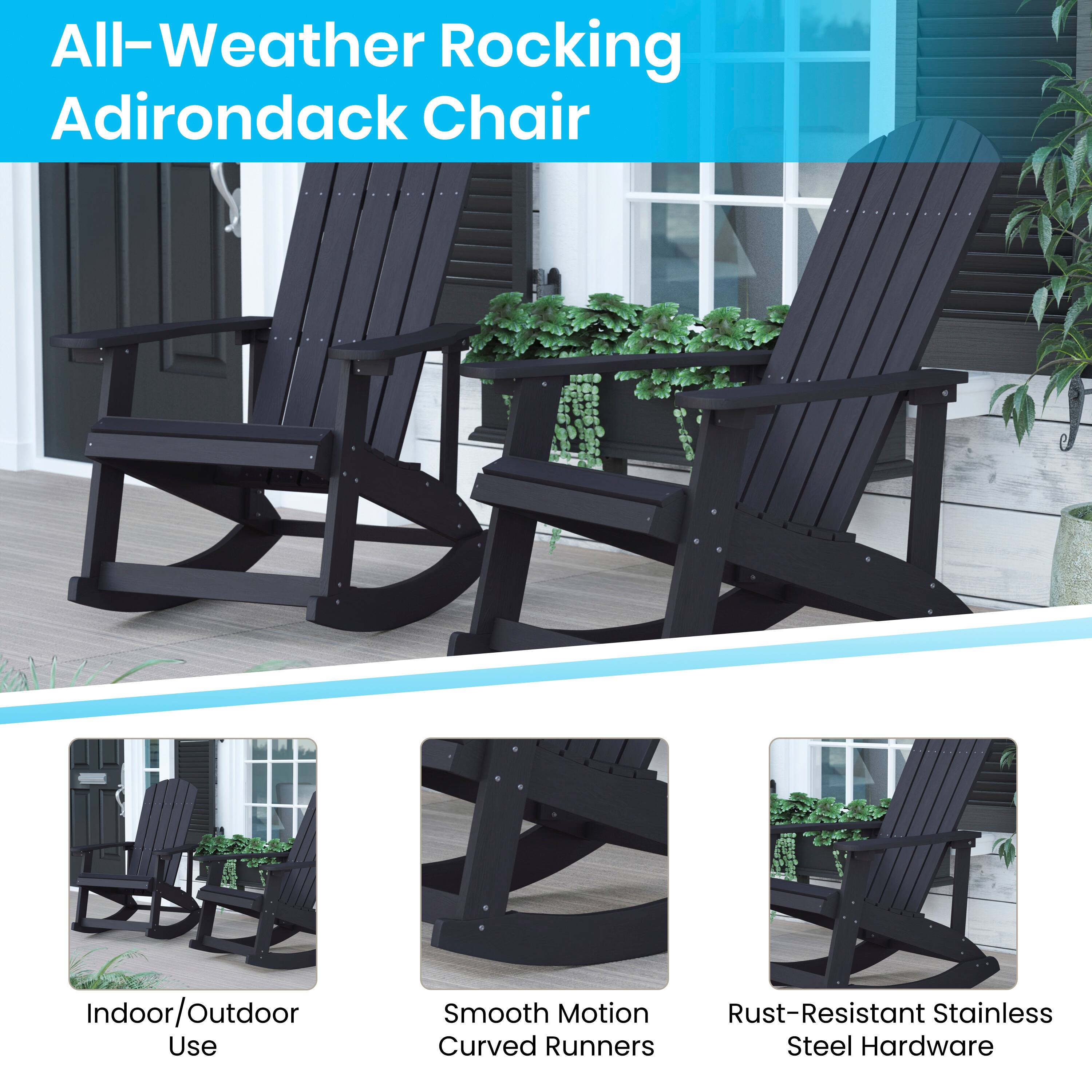 All-Weather Rocking Adirondack Chair Indoor/Outdoor Use Smooth Motion Rust-Resistant Stainless Curved Runners Steel Hardware
