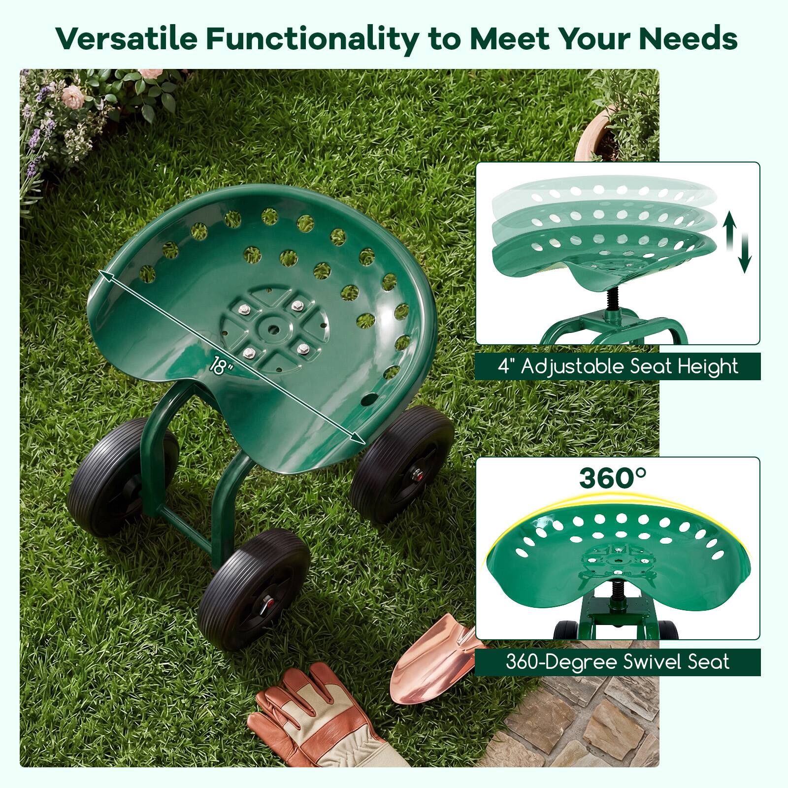 Versatile Functionality to Meet Your Needs

18" 4" Adjustable Seat Height

360° 360-Degree Swivel Seat