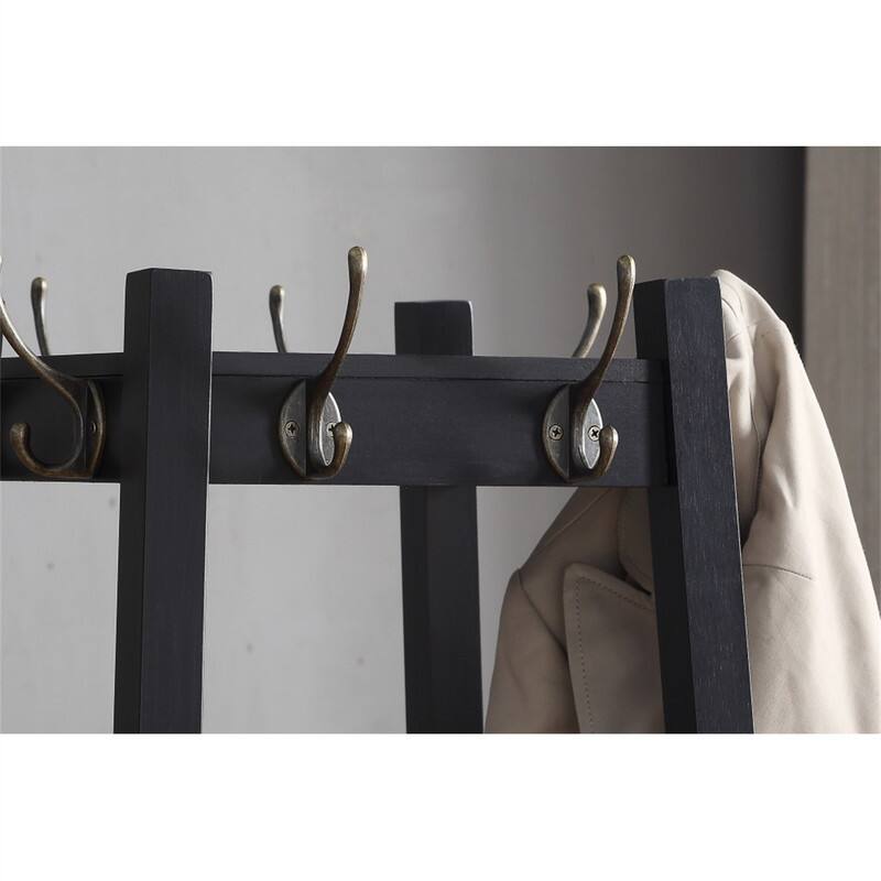 Back. ALEXOUN - Coat Rack with 3-Tier Storage Shelves - Wood, Big Hooks for Coats, Scarves, Jackets, Extra Storage for Home - Black.