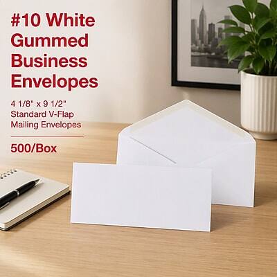 #10 White GUMMED Business Envelopes 4 1/8" x 9 1/2" Standard V-Flap Mailing Envelopes
500/Box