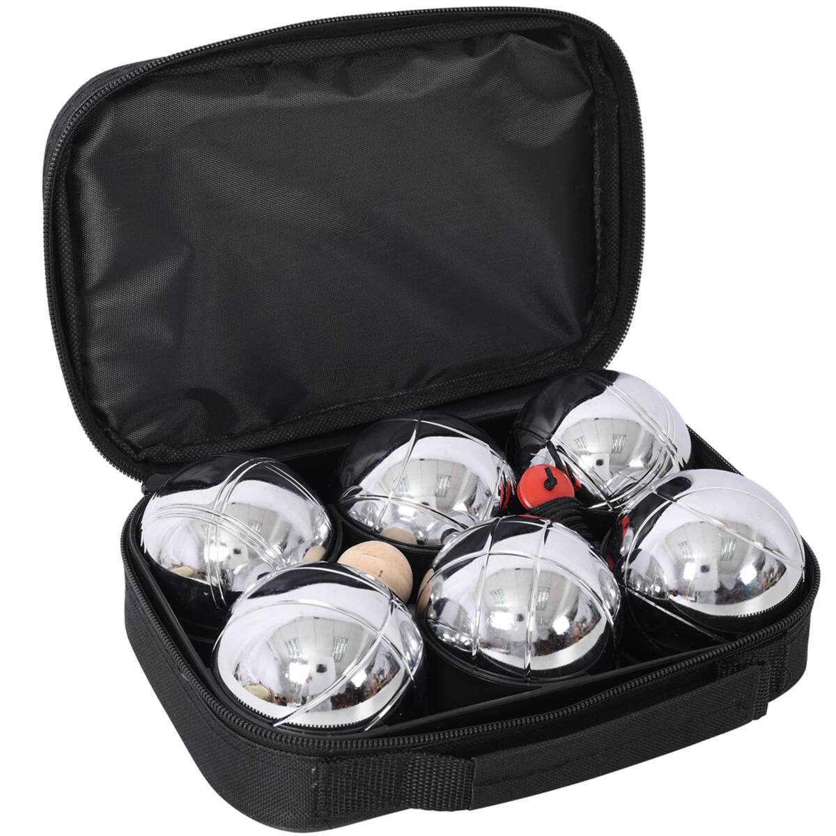 Front. HTUTWOO - 1.5lb Boules Set-Large Action Game Outdoor Family Games for Adults, 6 Metal Balls with Wooden Jack Ball & Measuring Tool - Black.