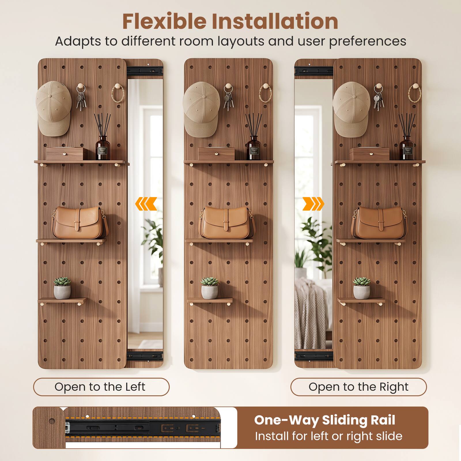 Flexible Installation  
Adapts to different room layouts and user preferences

Open to the Left  
Open to the Right

One-Way Sliding Rail  
Install for left or right slide