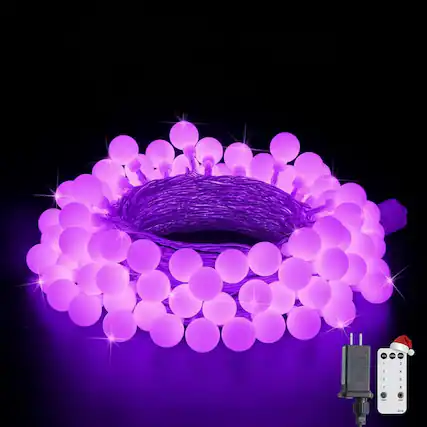 Front. FINEAK - 100 LED 33ft Purple Globe String Lights 8 Modes Remote Indoor Outdoor Decor.