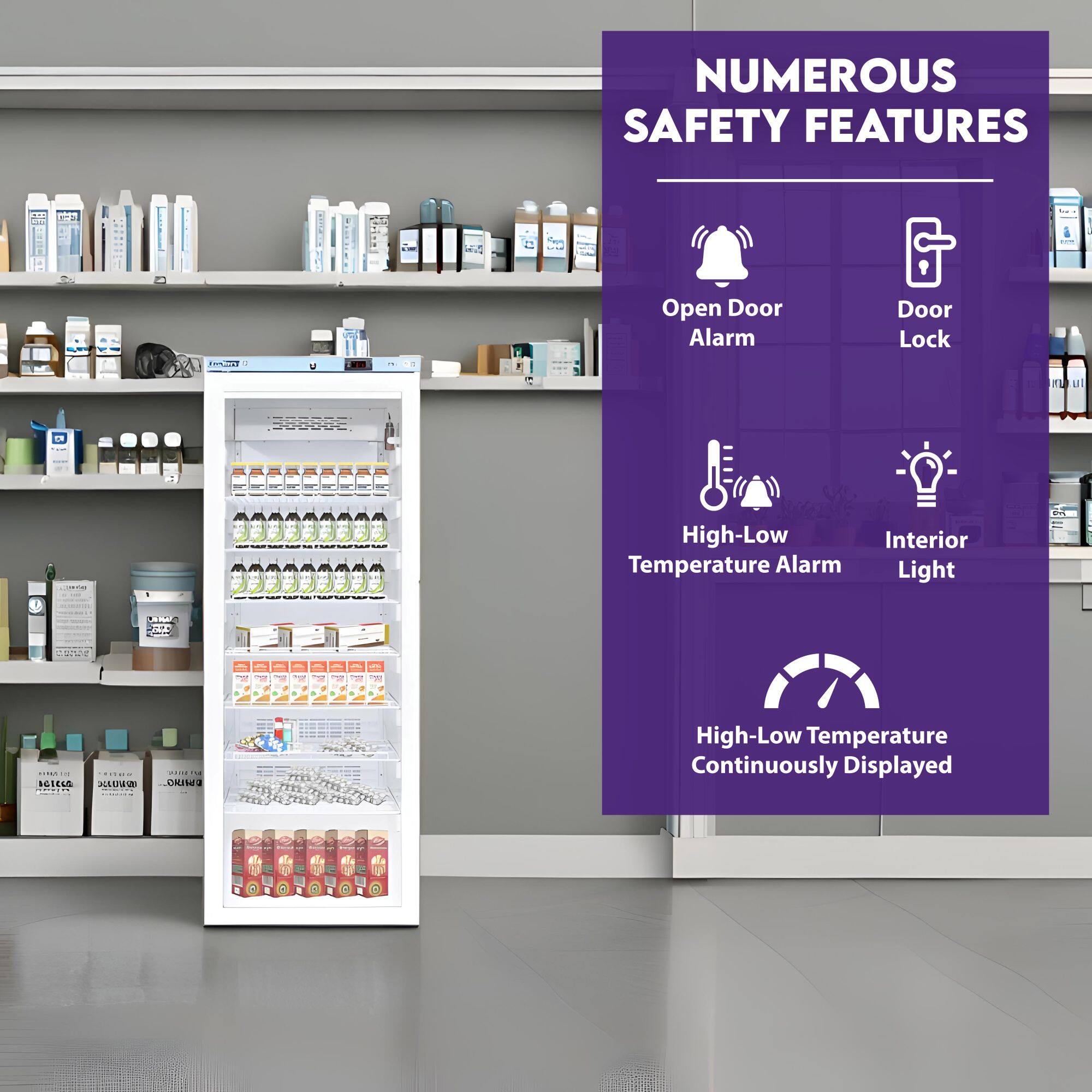 NUMEROUS SAFETY FEATURES

- Open Door Alarm
- Door Lock
- High-Low Temperature Alarm
- Interior Light
- High-Low Temperature Continuously Displayed