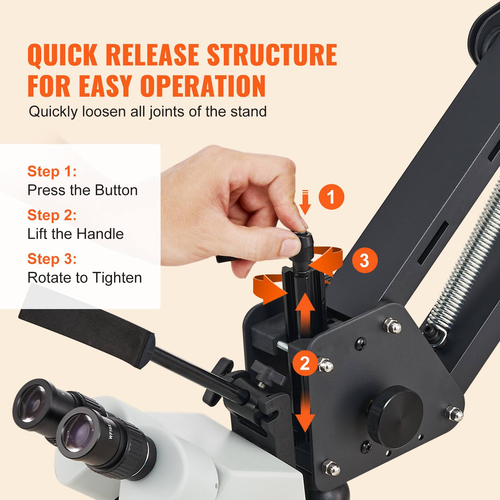 QUICK RELEASE STRUCTURE FOR EASY OPERATION  
Quickly loosen all joints of the stand  

Step 1: Press the Button  
Step 2: Lift the Handle  
Step 3: Rotate to Tighten